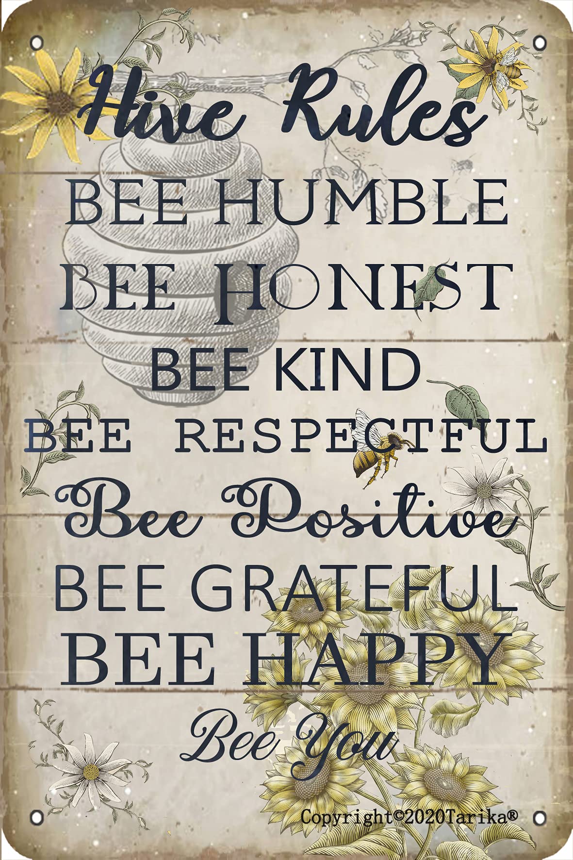 Hive Rules Bee Humble Bee Honest Bee Kind （No spelling errors）Tin Vintage Look 8X12 Inch Decoration Sign For Home Kitchen Bathroom Farm Garden Quotes Wall Decor