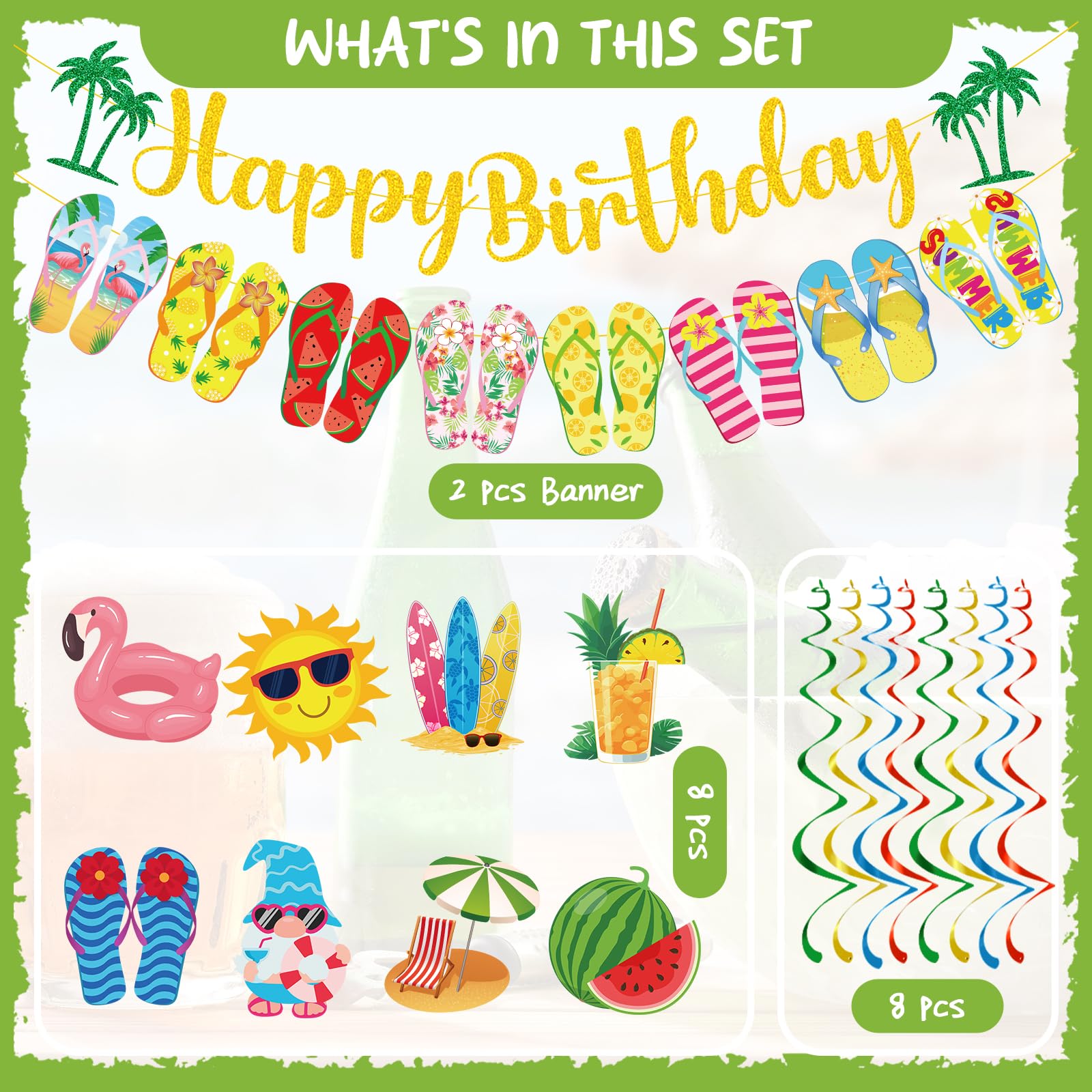 Summer Beach Birthday Banner Set – 3-Piece Tropical Decor, Blue Hawaiian Theme, Pre-Strung