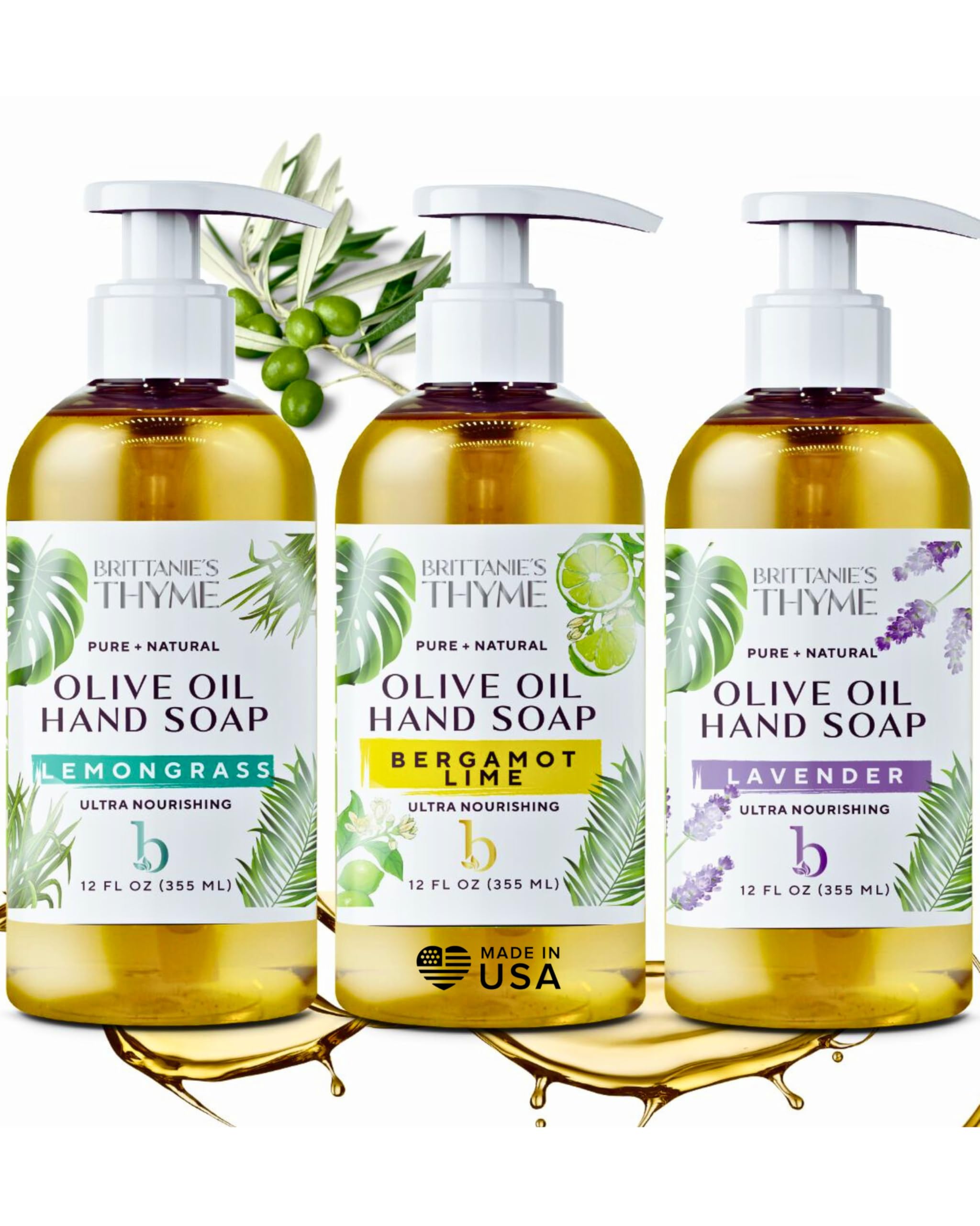 Brittanie’s Pure Castile Liquid Hand Soap Refill, Bergamot | Lavender | Lemongrass, 12 Ounce Pack of 3 | Dish Soap, Hair & Body, Home, Gentle & Pure, Natural Luxurious Oils, Vegan & Gluten Free