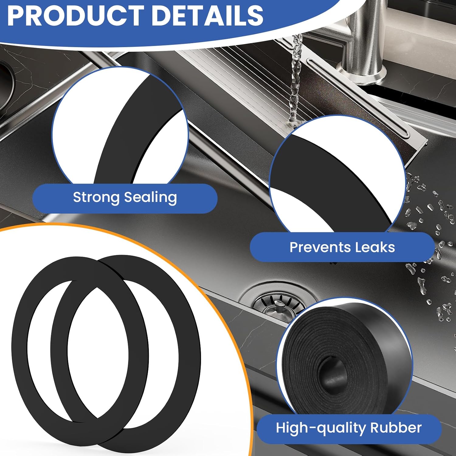 6 Pcs Sink Drain Rubber Gasket, Putty-Free Kitchen Seal for Kitchen Sink Garbage Disposal Drain (Black)