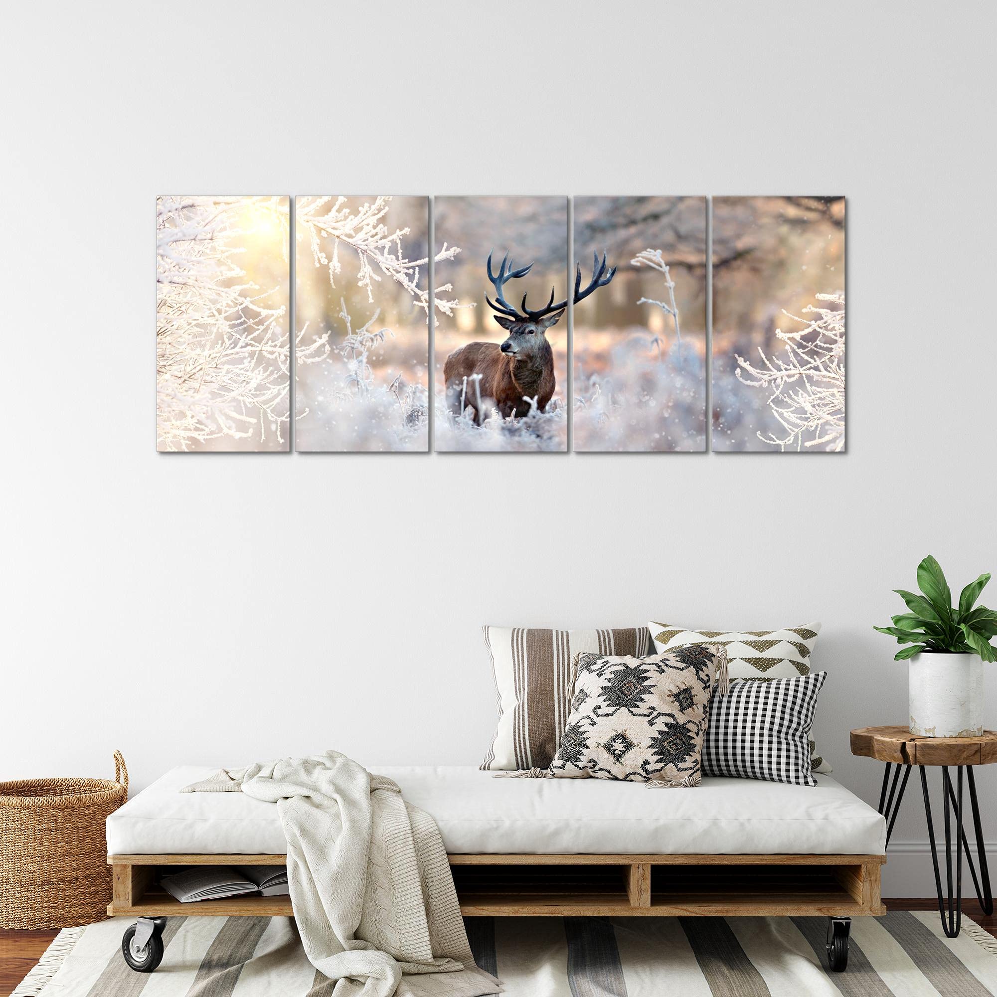 Runa Art Tableau mural XXL Hiver Cerf 200 x 80 cm Beige 5 Parties - 004155a