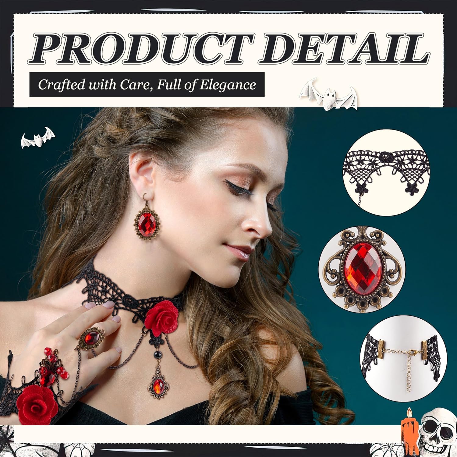 4 Pcs Day of The Dead Costume Accessories Kit for Women Mexican Rose Flower Crown Headband Black Lace Gothic Choker Necklace Bracelet Earrings for Halloween Dia De Los Muertos Costume Party - Image 4