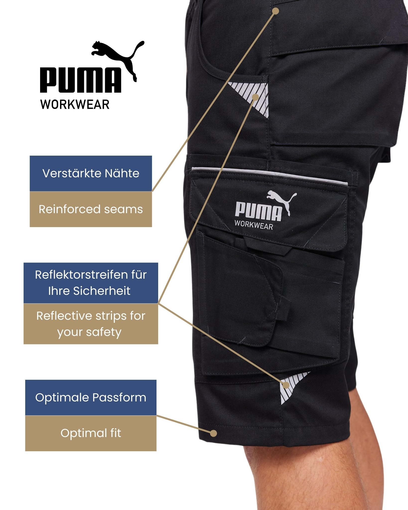 PUMA Workwear Precision X Short de Travail pour Hommes, Nombreuses Poches & Réflecteurs - Idéal pour Les Artisans, Les ouvriers de Production et de Construction