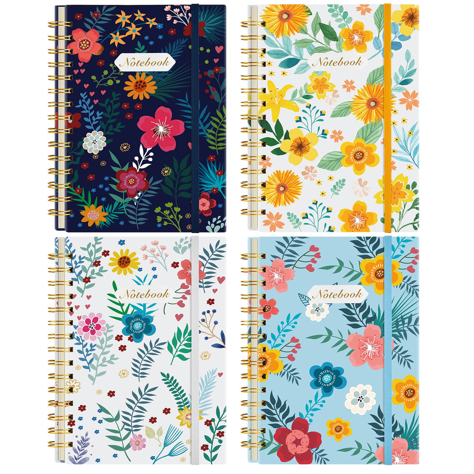 Coopay4 Pack A5 Spiral Notebook College Ruled Composition Notebooks Hardcover Spiral Journal, Cute Blooming Floral, for Office Home School Business, 8.3" x 5.5", 100GSM Thick Paper, 160 Pages