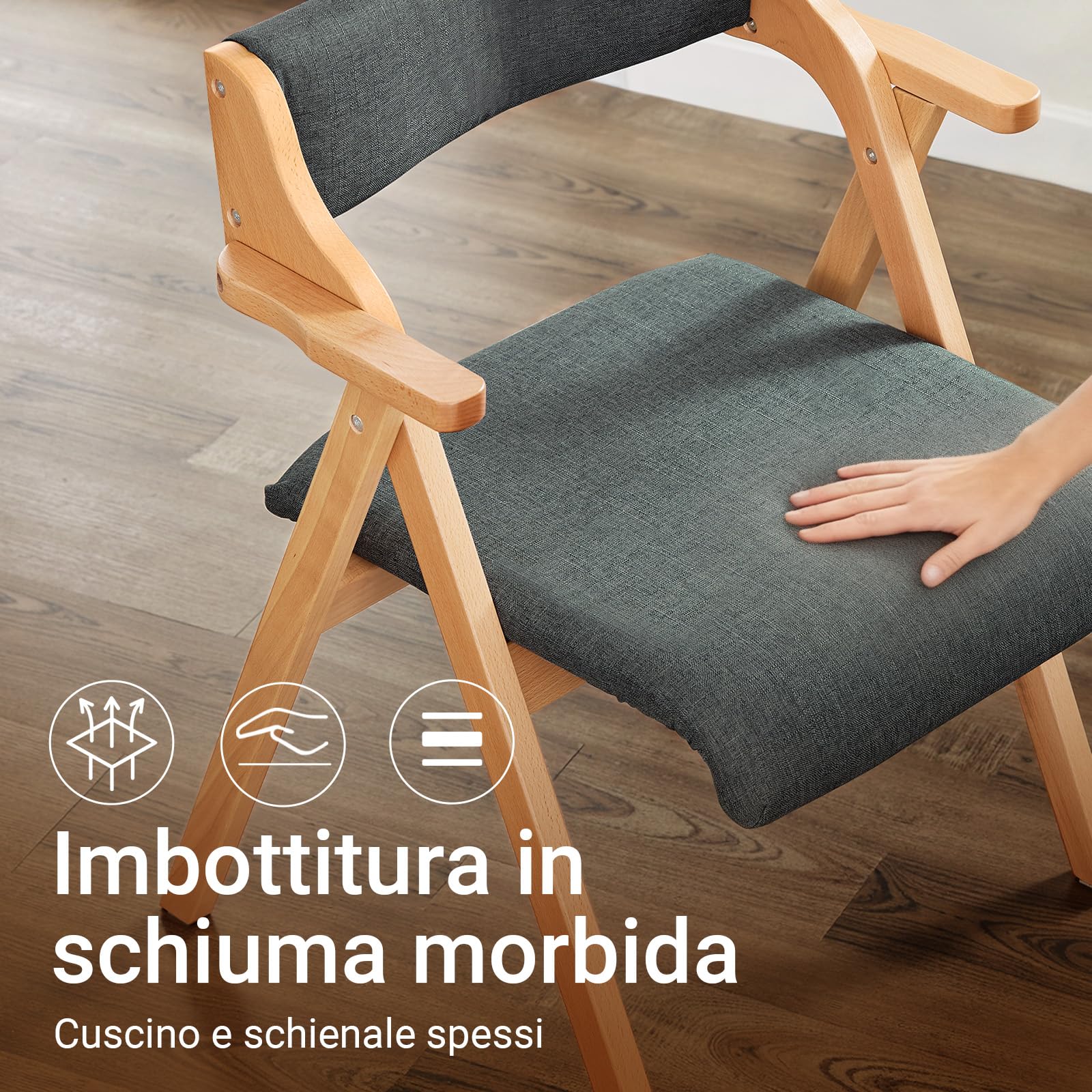 SoBuy Sedia Pieghevole in Legno con 2 cuscini, già montata, 61,5x56x77,6cm | Sedie Pieghevoli da Giardino ergonomiche & compatte, portata 150 kg, per ospiti & sala pranzo & ufficio & balcone, FST98-SG