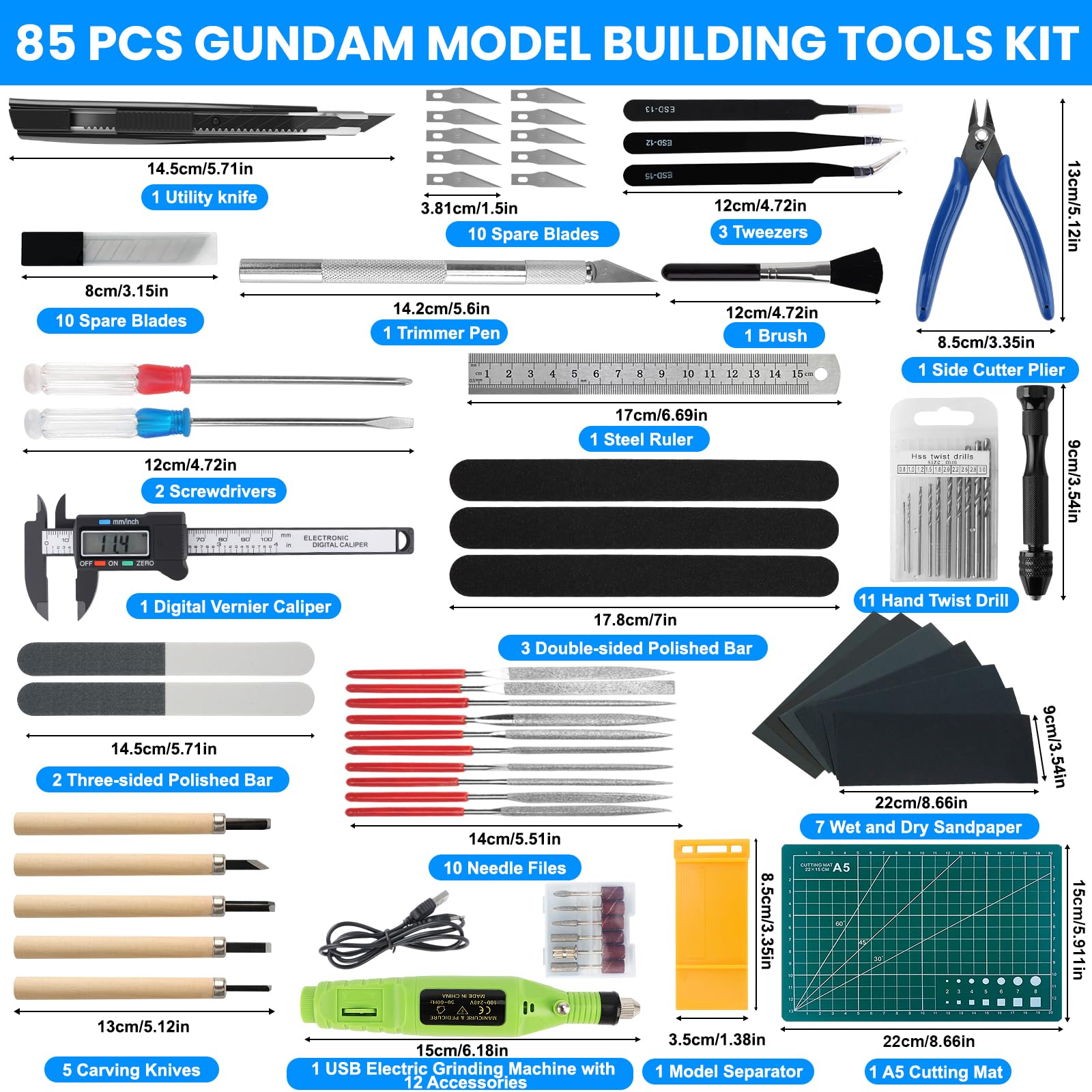 Outils de Modelisme, 85 Pièces Gundam Modèle d'outils Kit, Ensemble d'outils de Construction de Loisirs, avec Lime, Foret, Pied à Coulisse Numérique, pour L'assemblage Réparation de Modèles