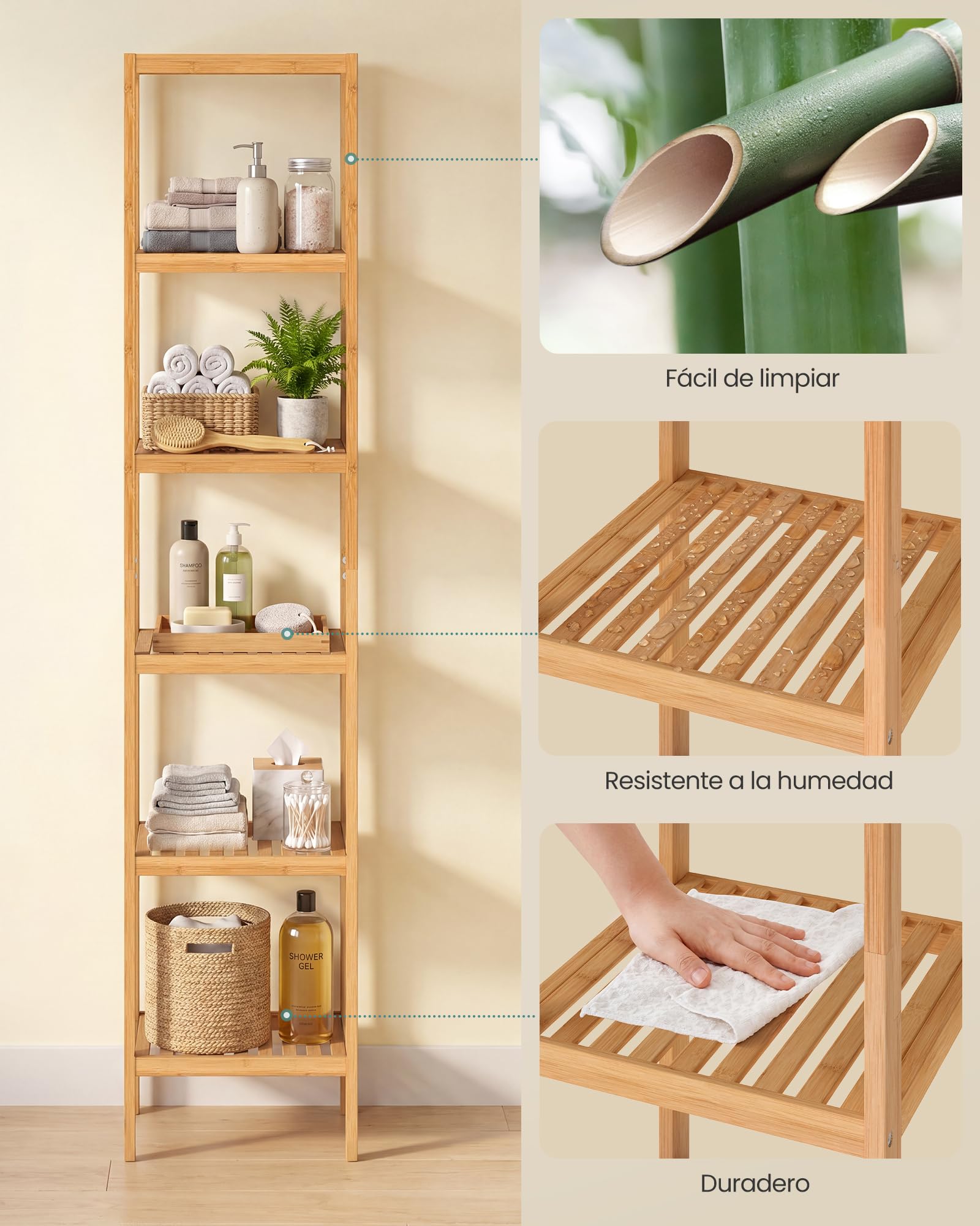 SONGMICS Estantería de Bambú de 6 Niveles de bambú, Estantería Estrecha, Multifuncional, Estantería Esquinera, para Cocina, Sala de Estar, Dormitorio, Pasillo, Natural BCB056YL01