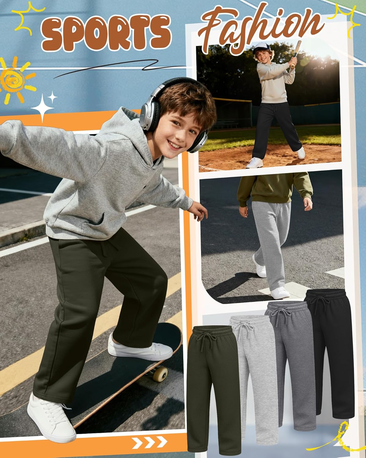 4 Pack Boys Baggy Sweatpants Straight Leg Open Bottom Casual Pants Basic Elastic Waist Athletic Kids Joggers - Image 5