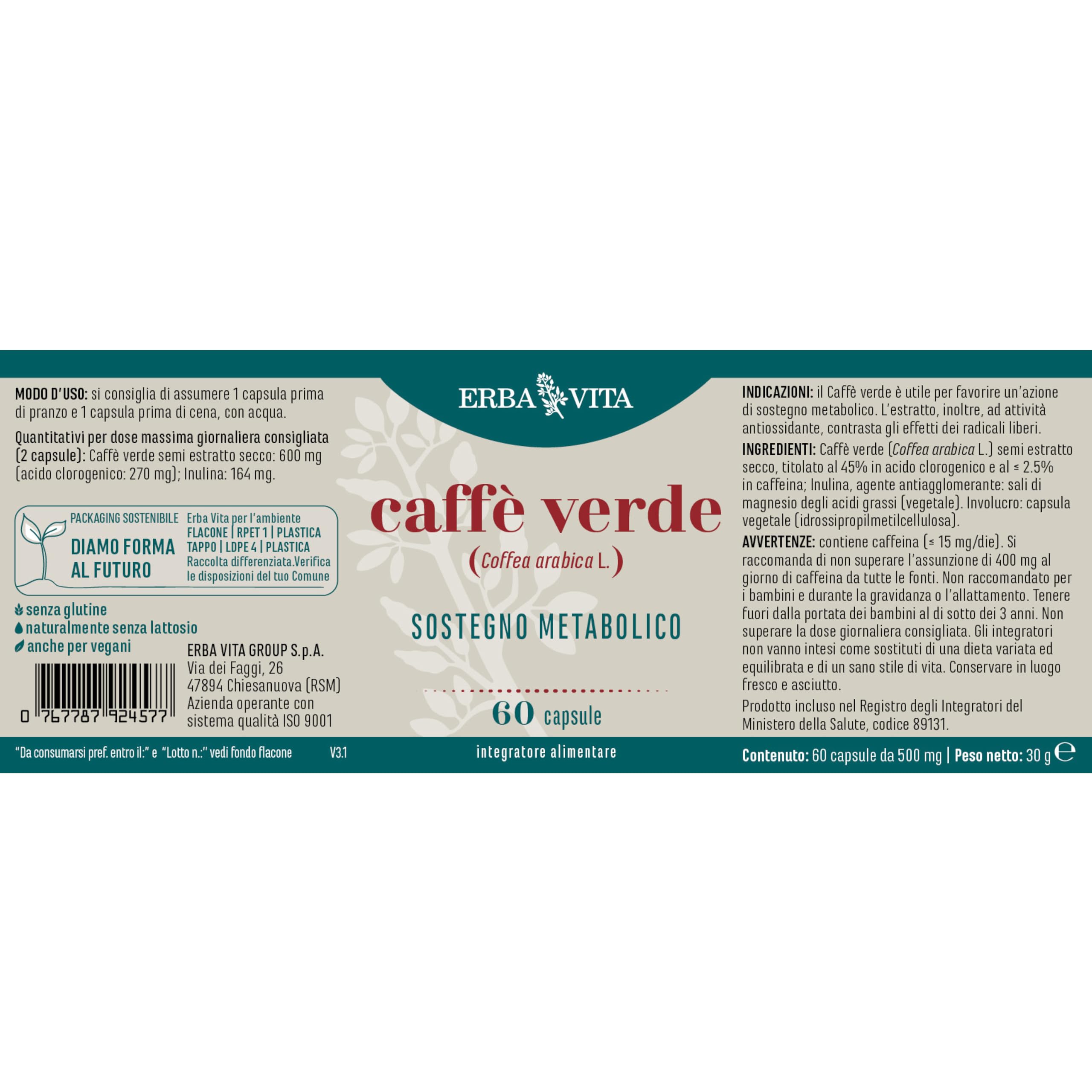 ERBA VITA Integratore Alimentare di Caffè verde - 60 Capsule - Utile al metabolismo e al contrastoi dei radicali liberi, 1 unità, 1