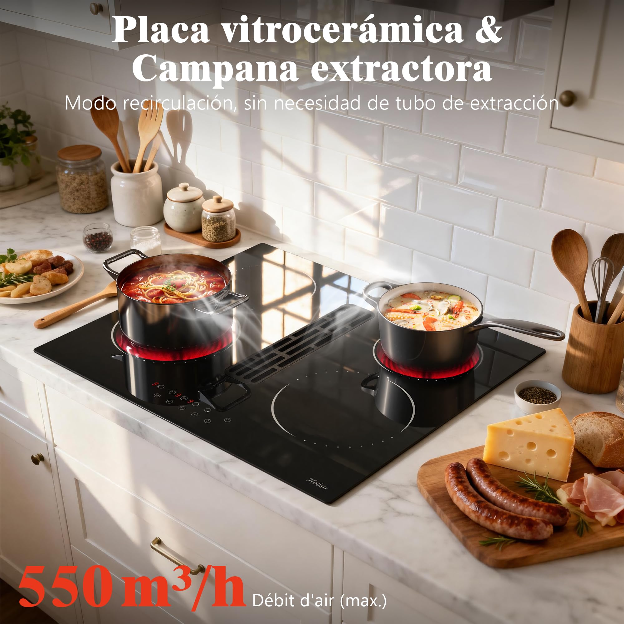 Hobsir Placa Vitrocerámica con Extractor Integrado 60 cm, 4 Zonas, 6000W | Campana con Recirculación, 9 Niveles de Potencia, Función Pausa, Bloqueo Infantil y Temporizador