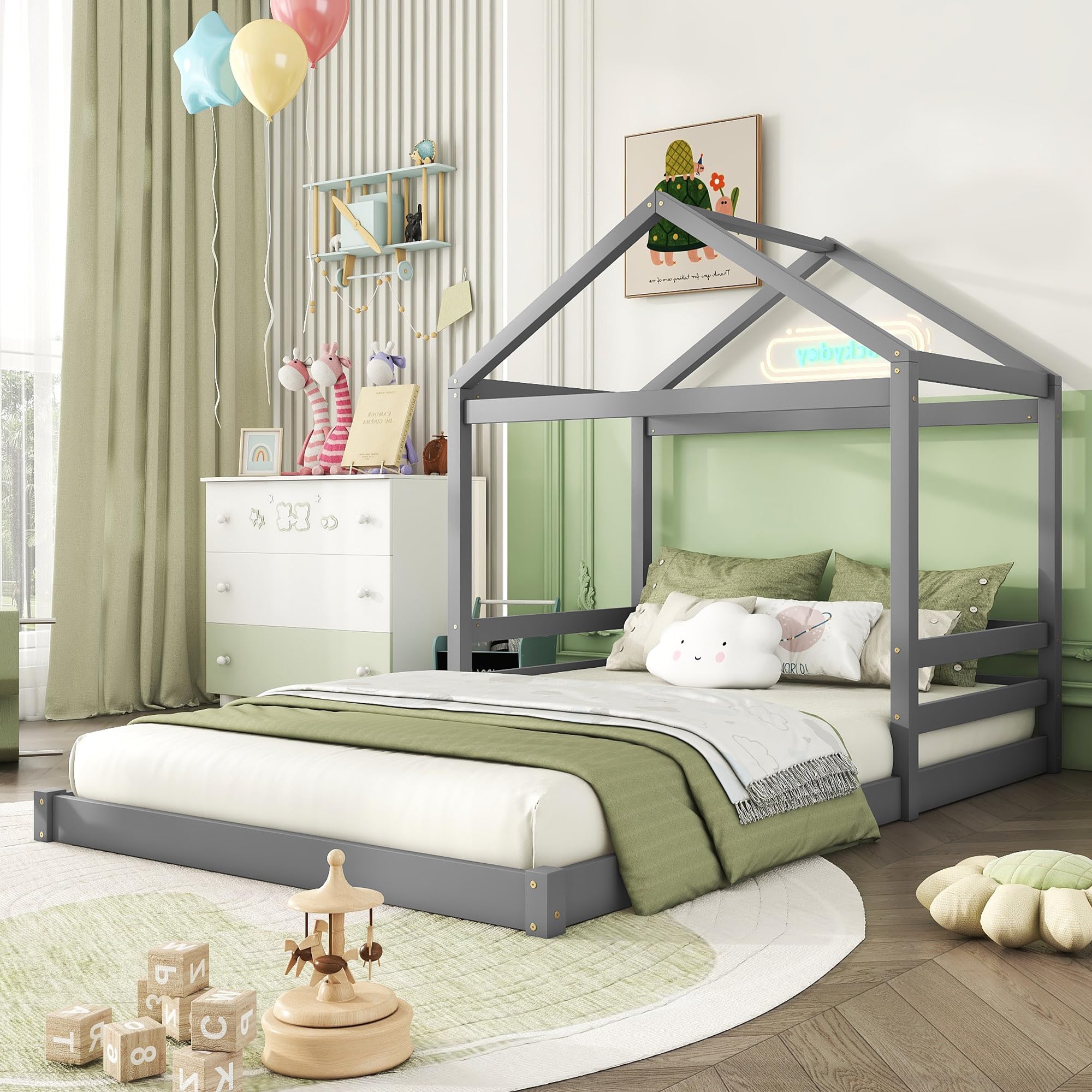 Kinderbett 140x200 cm, Bodenbett mit Hausform, Bettgestell mit Lattenrost | Ohne Matratze, Holzbett Bett für Kinder Jugendliche Kiefernholz+MDF Grau