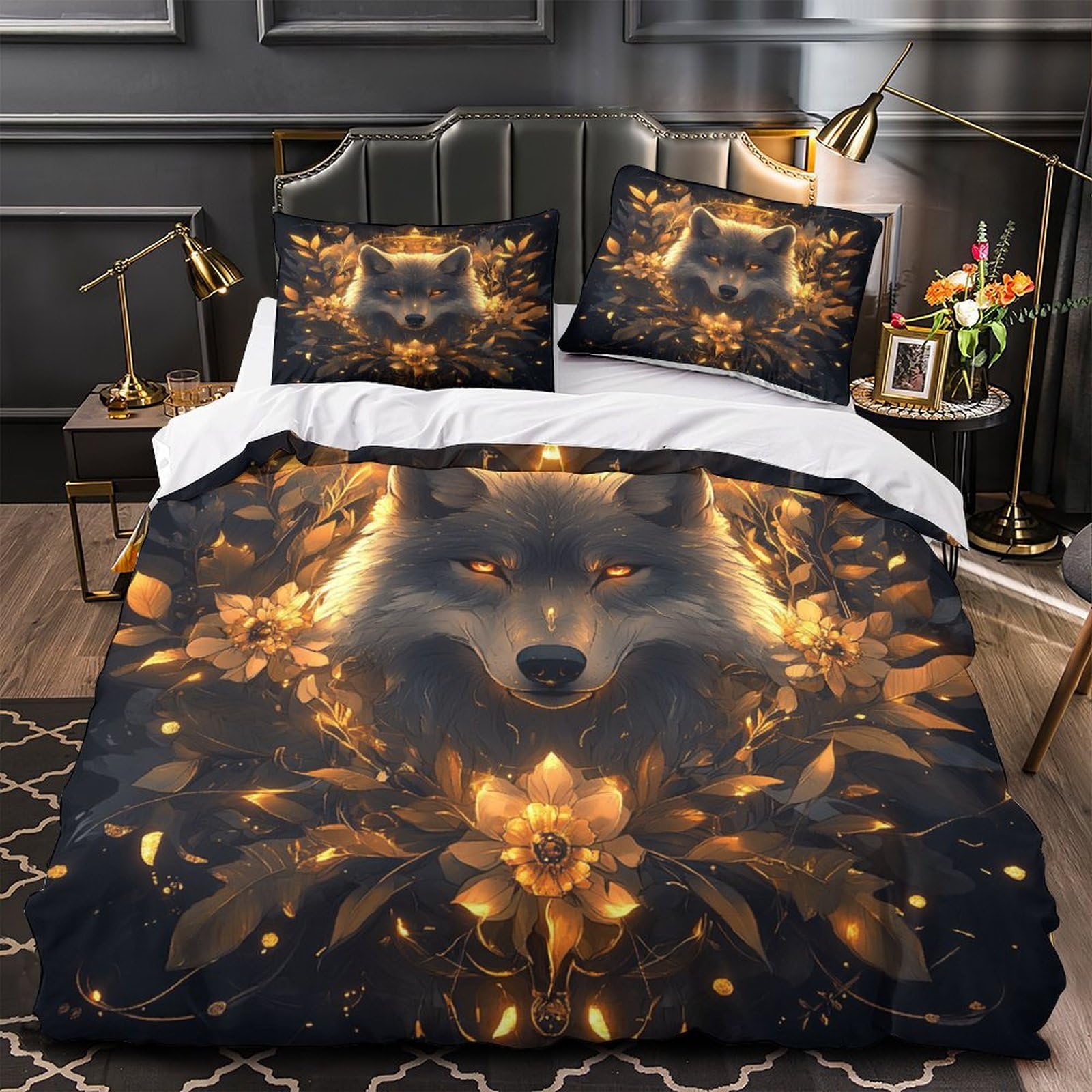Housse de couette loup mystique 3D 135x200cm en microfibre douce avec fermeture éclair pour lit simple