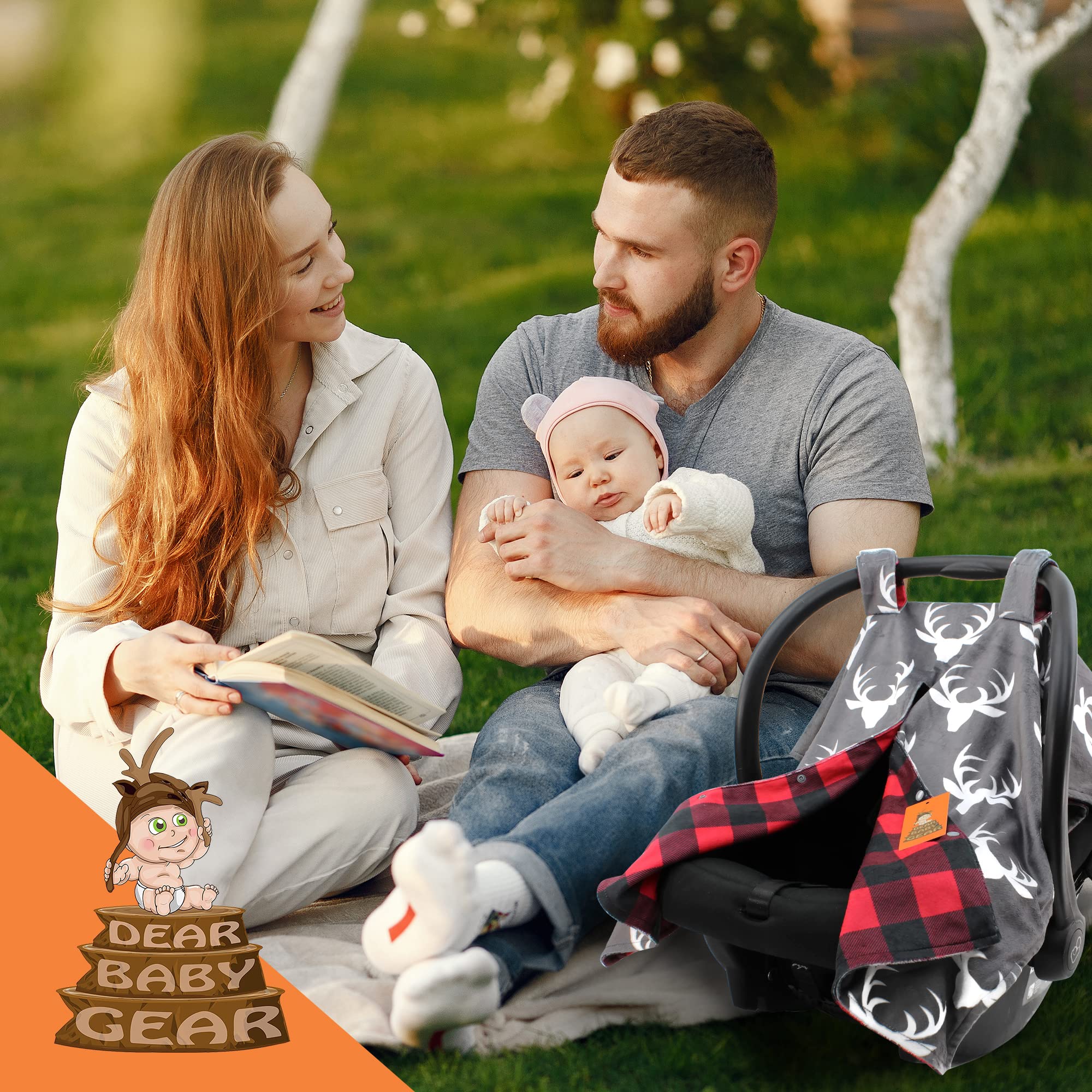 Dear Baby Gear Luksusowy dwustronny baldachim na siedzenie samochodowe, niestandardowy nadruk Minky w kratę białe poroże, czerwony i czarny bizon krata Minky