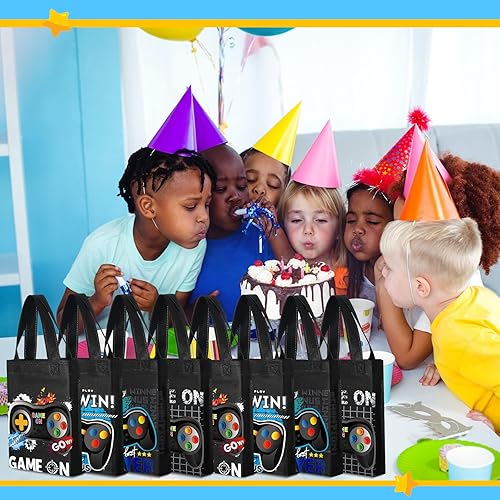 Miniatura 6 de Ferraycle Paquete de 24 bolsas de regalo con temática de videojuegos, recuerdos de fiesta de videojuegos, no tejidas, reutilizables, con asas