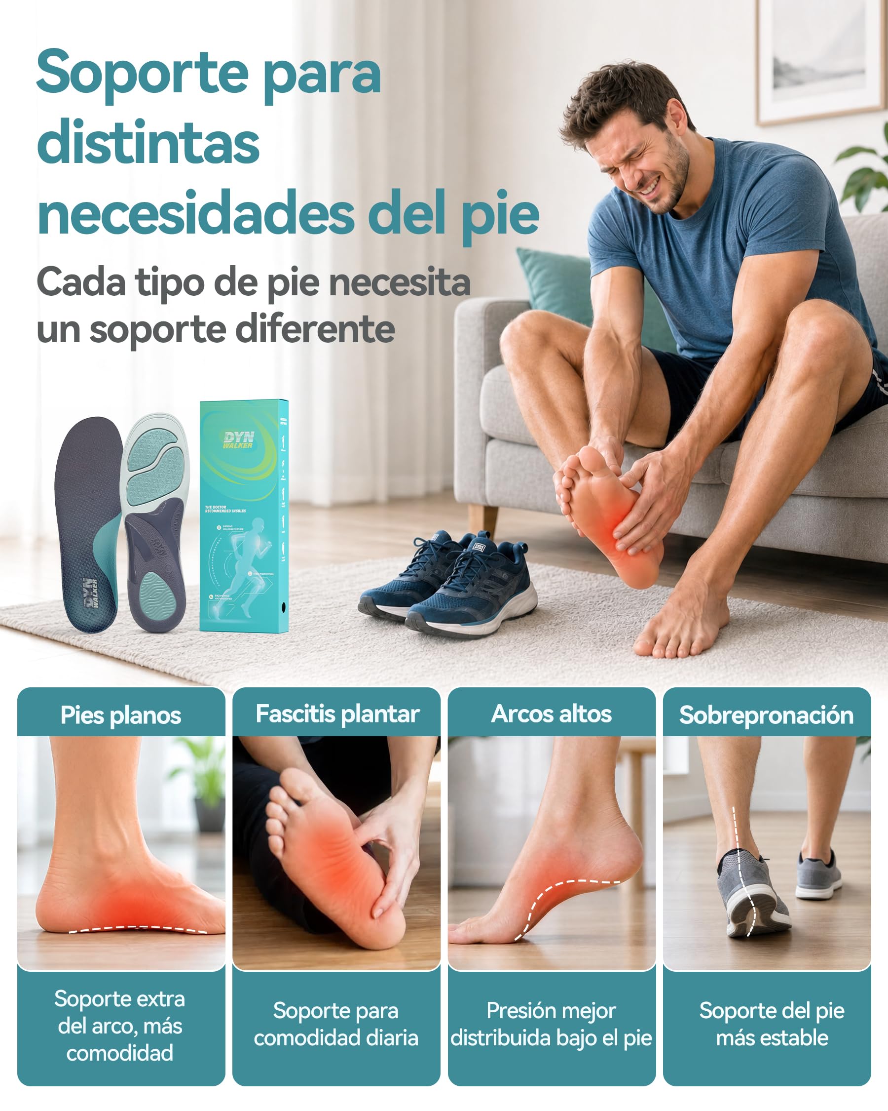 DynWalker Palmilha Ortopedica Plantillas para Fascitis Plantar Amortiguación Mejorada 35% Soporte Arco