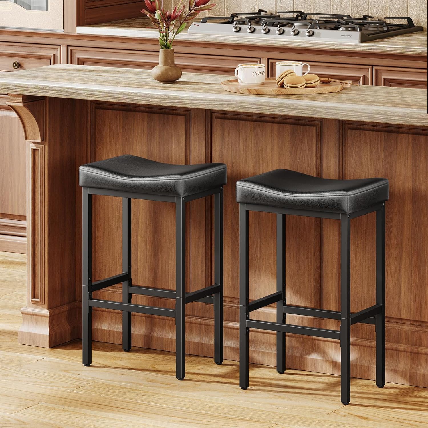 Vellorise 24 Inch Counter Height Bar Stools Set of 2 - Compact Faux Leather Stools for Small Spaces, 400lbs Capacity, Easy 15-Min Assembly, Black