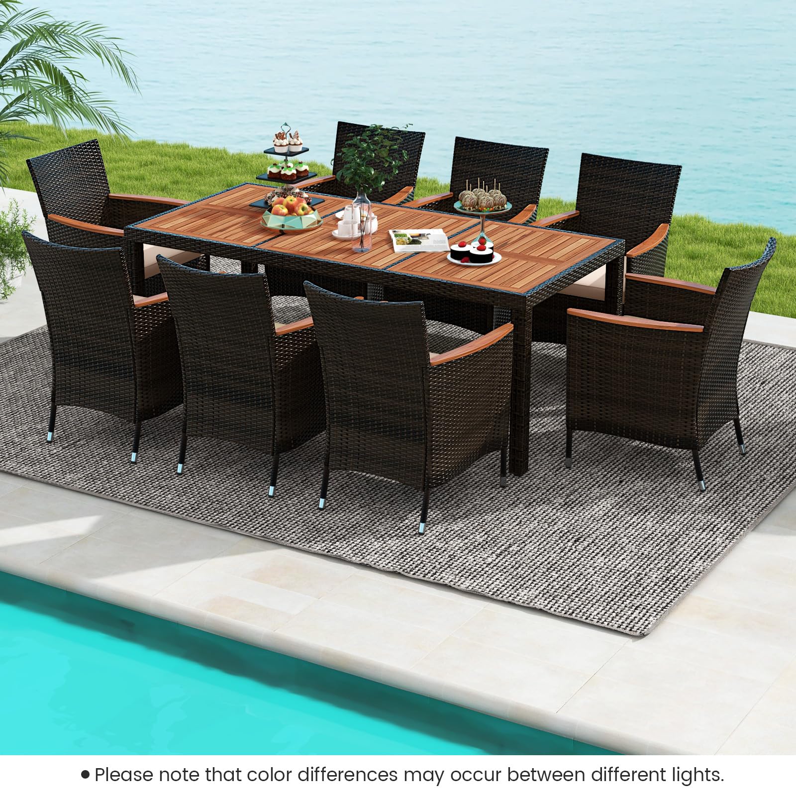 GIANTEX Tavolo e Sedie da Pranzo in PE Rattan, Set di Mobili in Rattan, Set di Mobili Composto da 9 Pezzi, con 8 Sedie e 1 Tavolo, Piano del Tavolo in Acacia, per Interno e Esterno