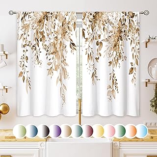 Eucalyptus Botanical Leaves Floral Kitchen Window Curtains over Sink Far...