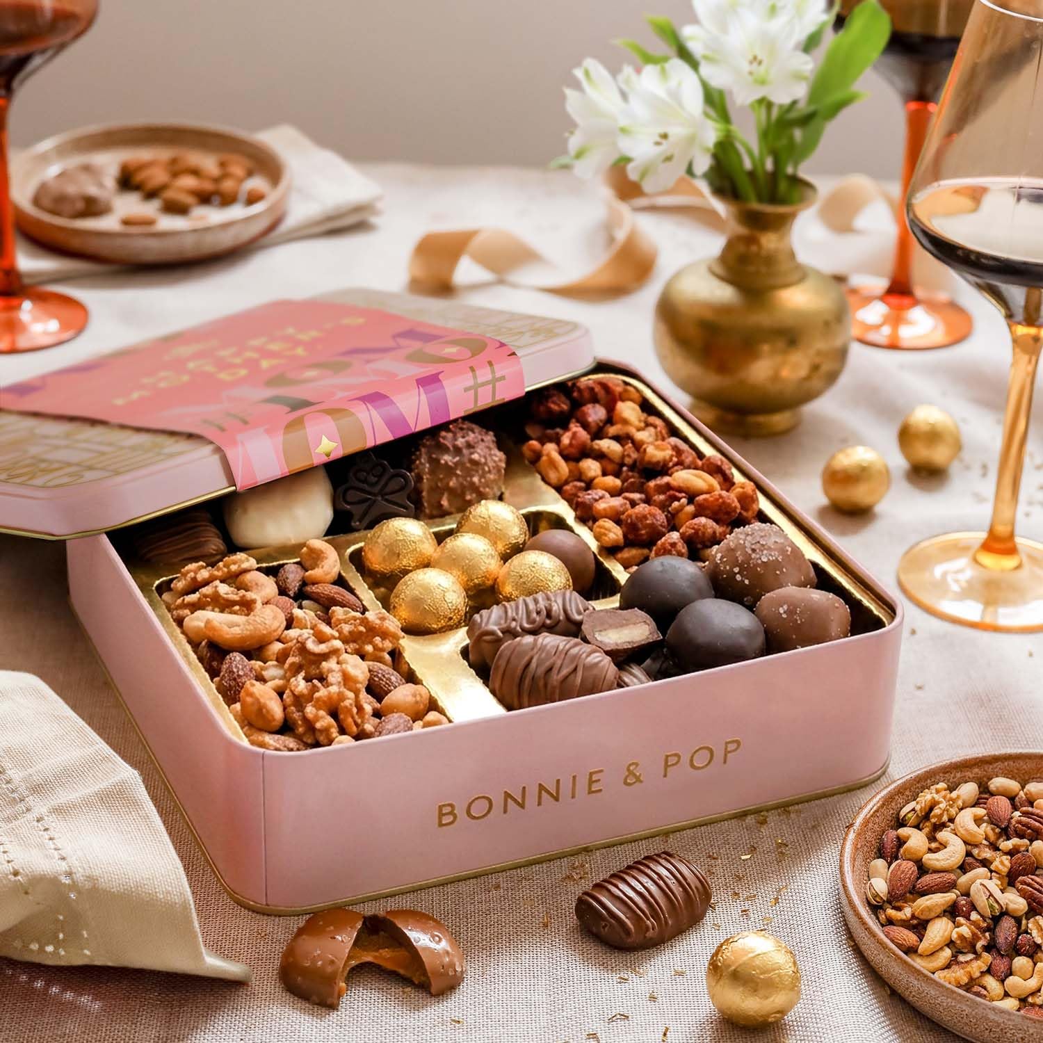 Mothers Day Day Gift Basket, Chocolate and Nut Snack Box for Men and Women, For Mom, Women, Her, Wife, Mother, Romantic, Bonnie and Pop