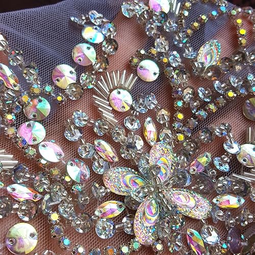 Vista 23 de Parche de cristal único hecho a mano cosido en piedras de lentejuelas de 15.3 x 11.4 pulgadas, accesorio para vestido, cristal de costura para Blanco