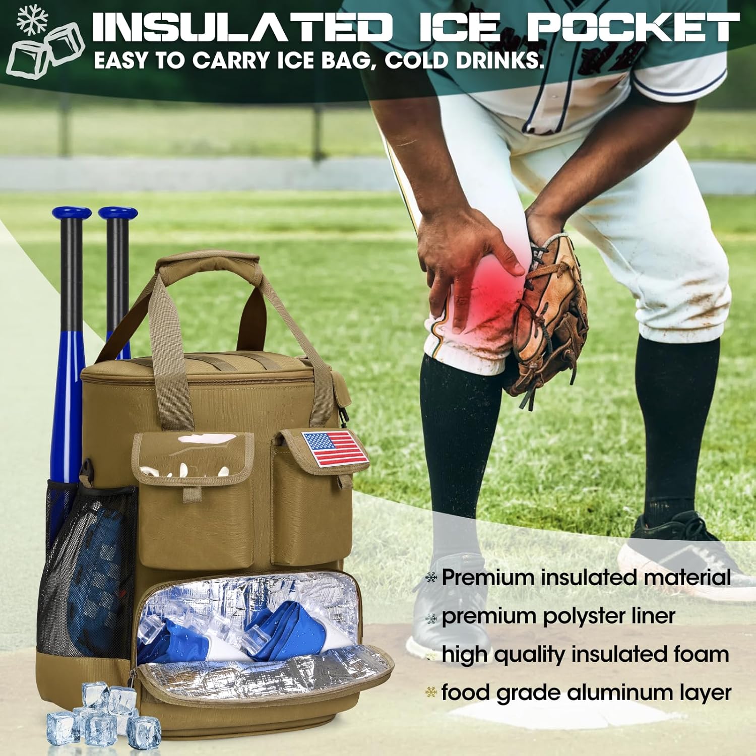 RAINSMORE Baseball Bucket Bag Baseball Coaches Accessories Organizer with Insulation Pocket Tactical Softball Bag with Anti-Slip Bottom, Multiple Pockets for Bat, Gloves, Scoreboards