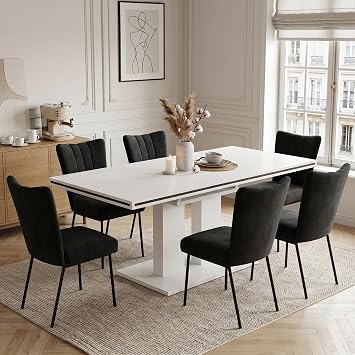 JIEXI Dining Table and Chairs Set 6, 140-180 cm Extendable Rectangular Kitchen Table with Upholstered High Back Chairs, Modern Dining Room Furniture Set for 6 People