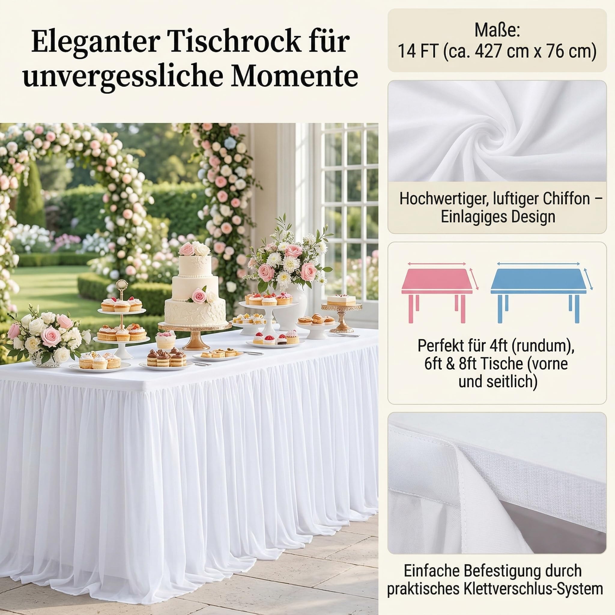 Weißer Tüll Tischrock 14FT – 427×77cm Tischröcke für Hochzeit & Party, Tutu Tischdeko für Babyparty, Candy Bar, Geburtstage & Dessert Tische, Elegante romantische Tischdekoration