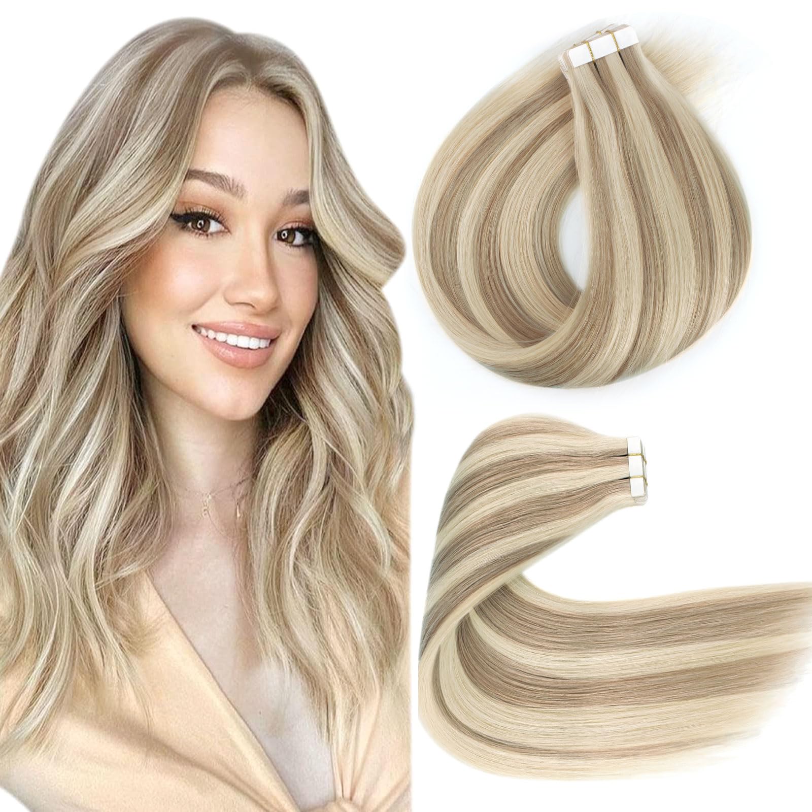 Lovrio Tape in Hair Extensions Seamless Adhesive, Piano Color Light Brown Mixed with Platinum Blonde, Silky Straight Human Hair 50 Gram 18 Inch 20
