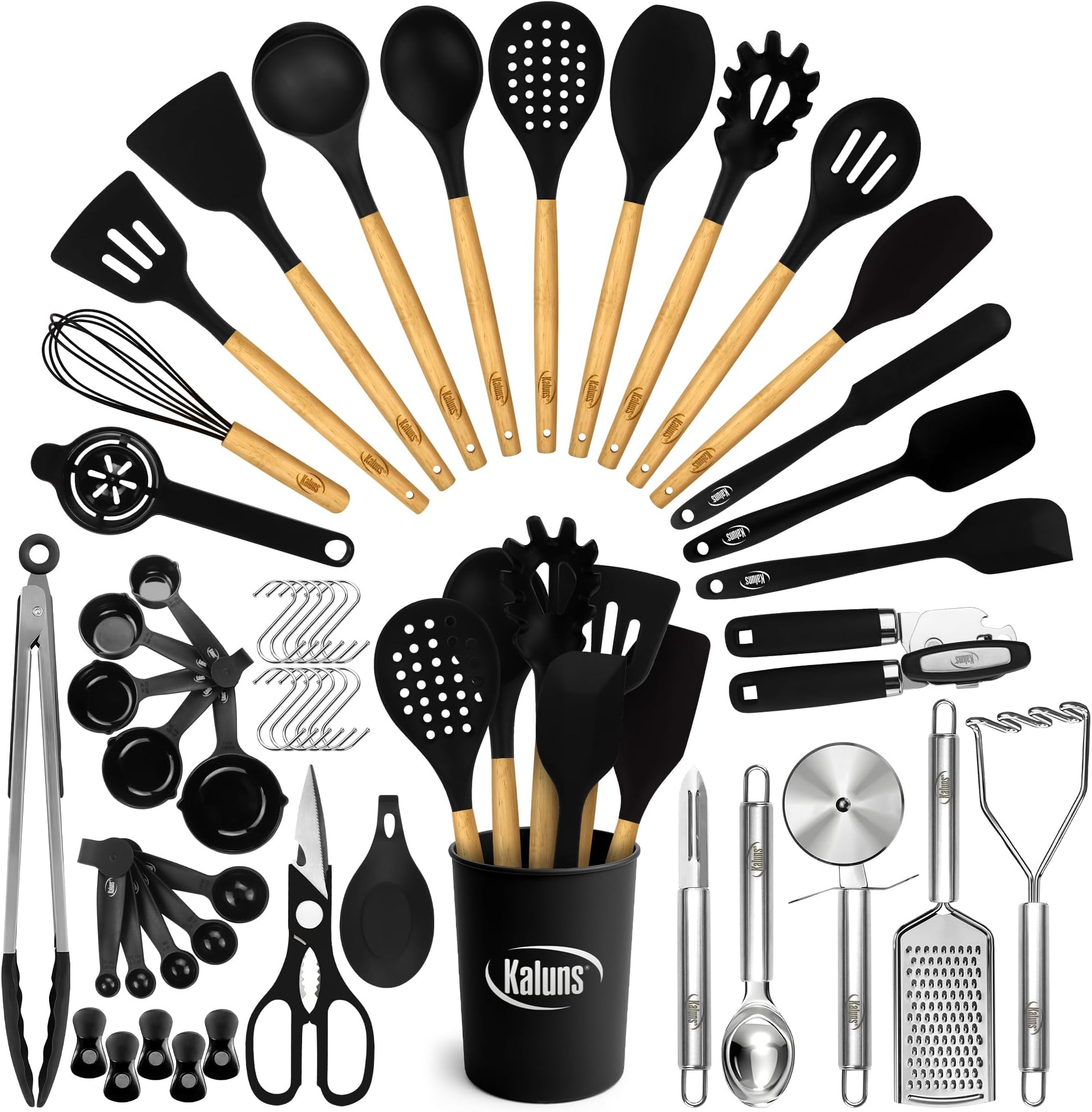 Kaluns 50 PCS Silicone Kitchen Utensils Set Complete Kitchen Set - 800°F Heat Resistant Non-Stick Premium Cooking Utensils W Wooden Handles - Can Opener, Masher, Turner, Silicone Spatula Set