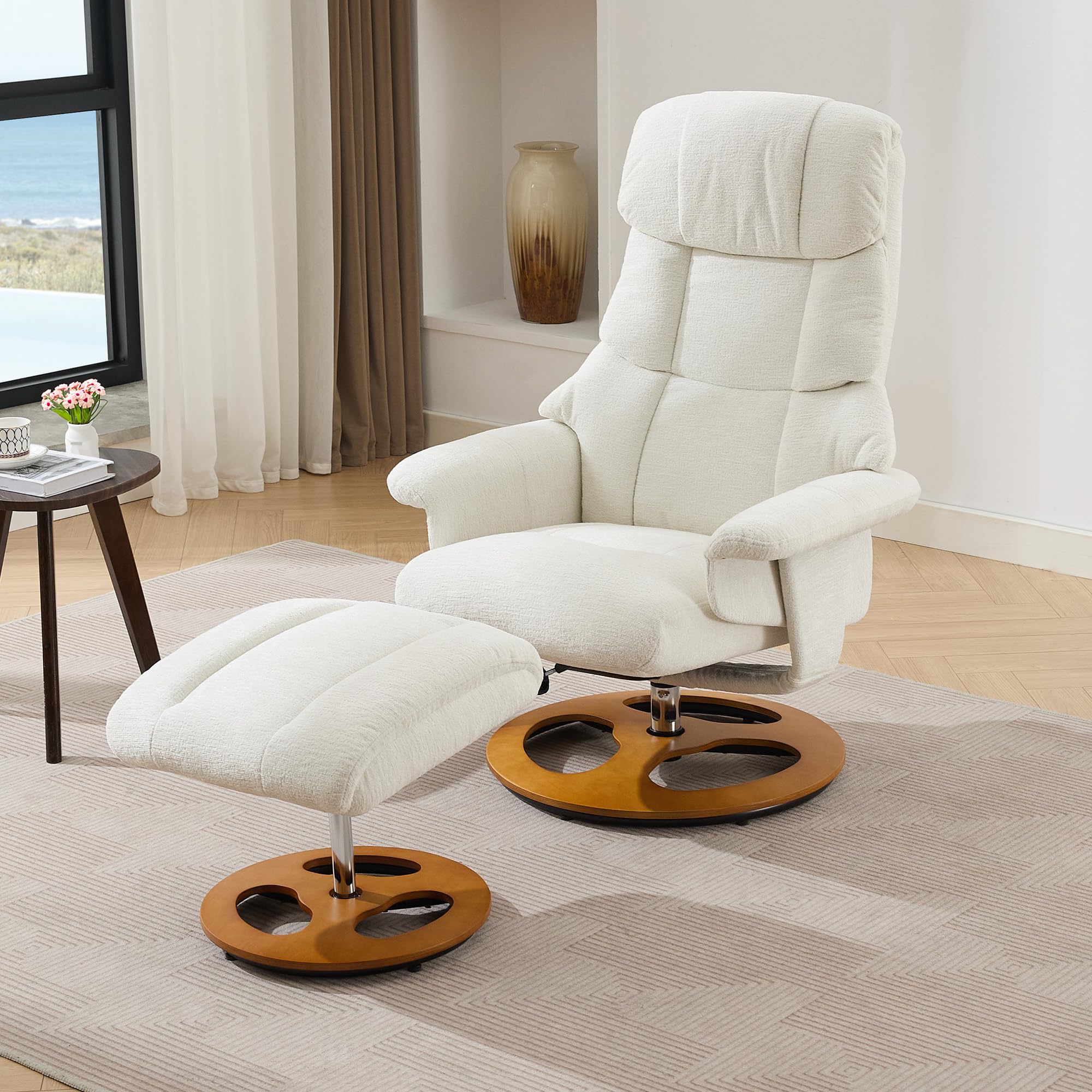 KEIKI Swivel Reclining Chair with Ottoman, High Backrest,5-Point Vibration Massage & Heated Seat,Chenille Upholstered Armchair Lounge Sliding Chairs