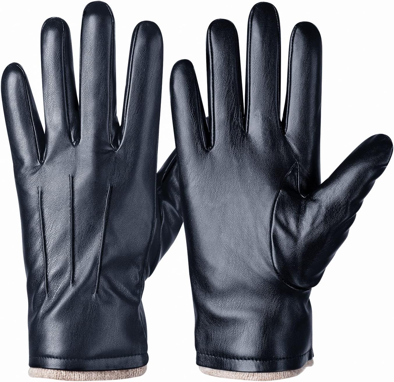 Winter PU Leather Gloves For Men, Warm Thermal Touchscreen Texting Typing Dress Driving Motorcycle Gloves Wool Lining