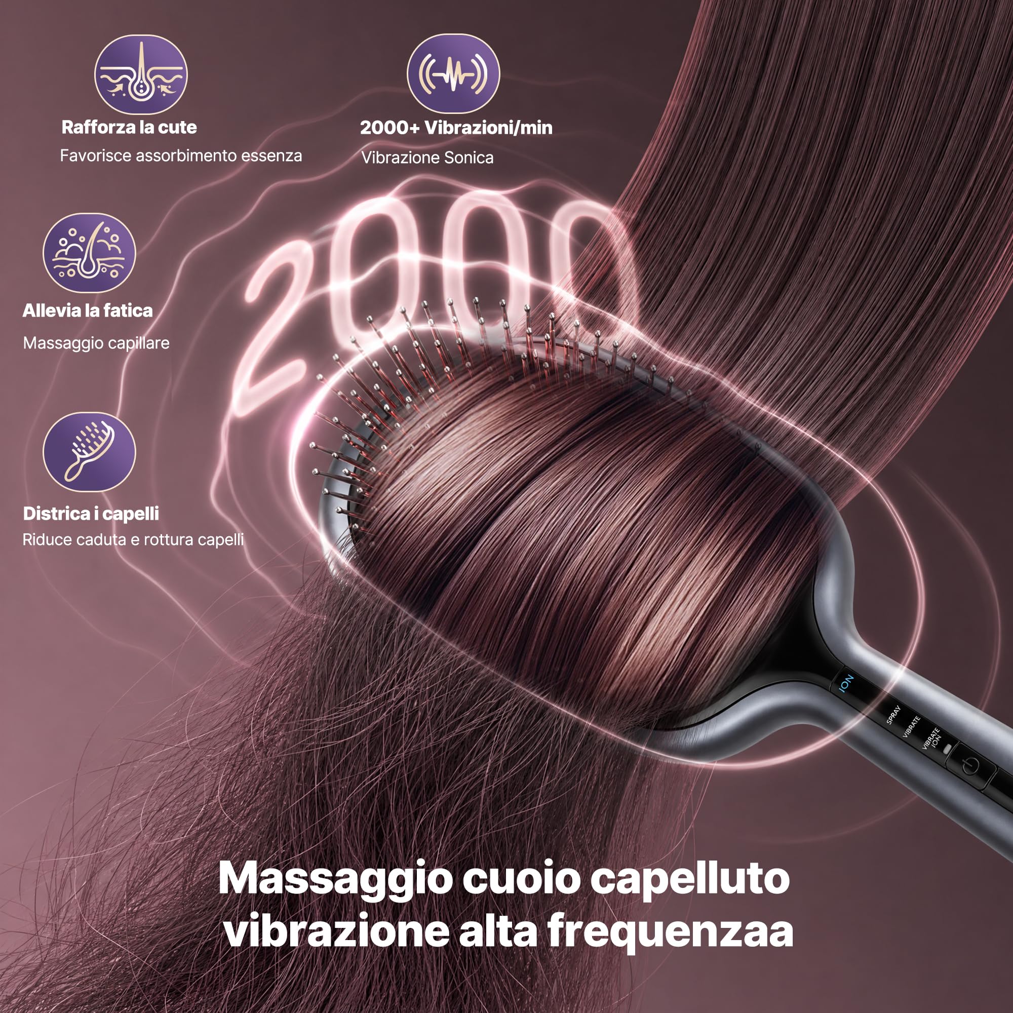 Spazzola a Vapore Capelli | Multifunzionale spazzola lisciante per capelli | 5M ioni Negativi, Massaggio, Luce Rossa 630‑650 nm, Vapore, Setole Antistatiche Cuscinetto Aria, Districante Delicato