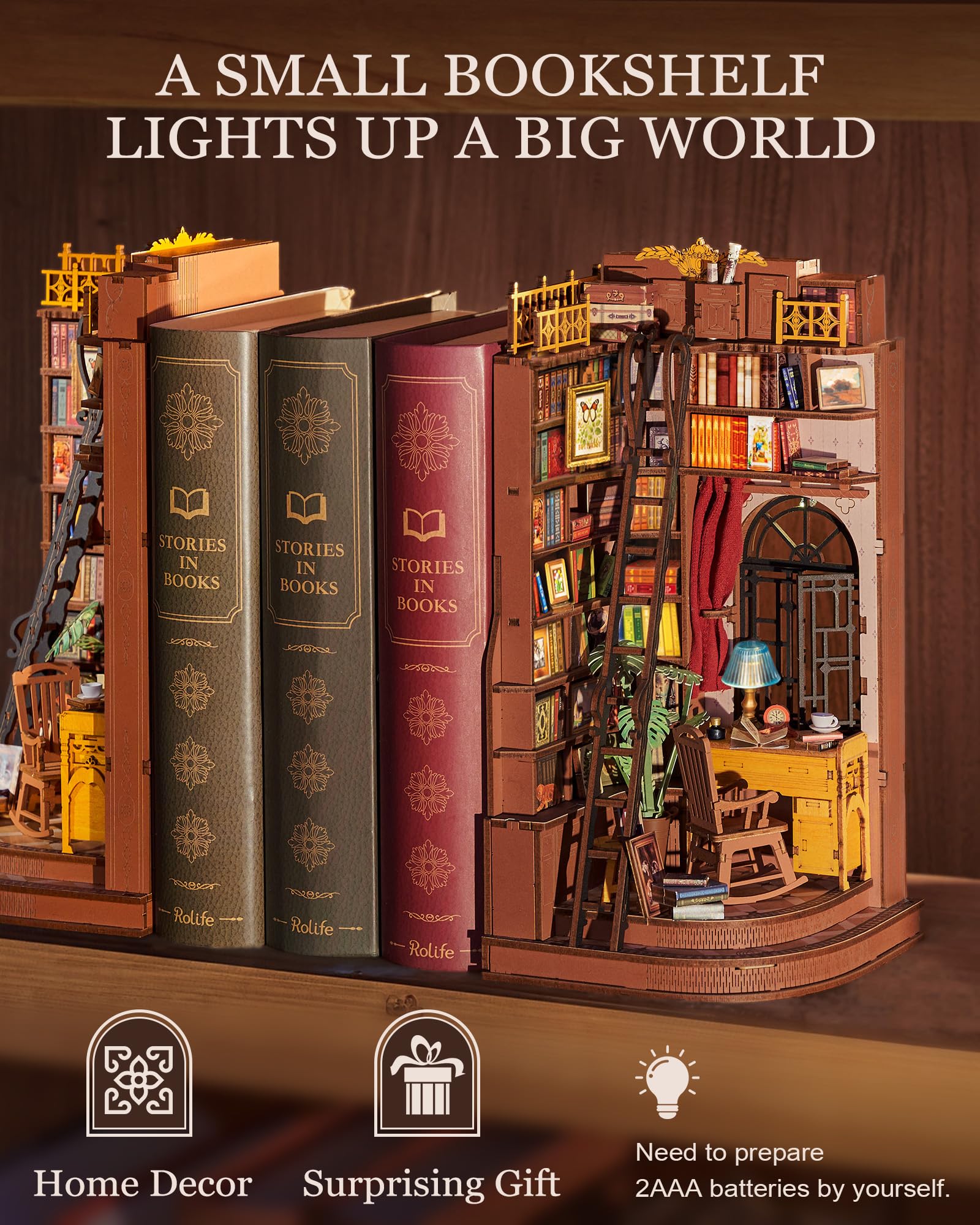 Rolife Book Nook Kit for Adults DIY Miniature Kit with Lights Silent Corner Study Booknook Model Kits for Adults to Build 3D Wooden Puzzle for Desk Library Bookshelf Decoration - Image 4
