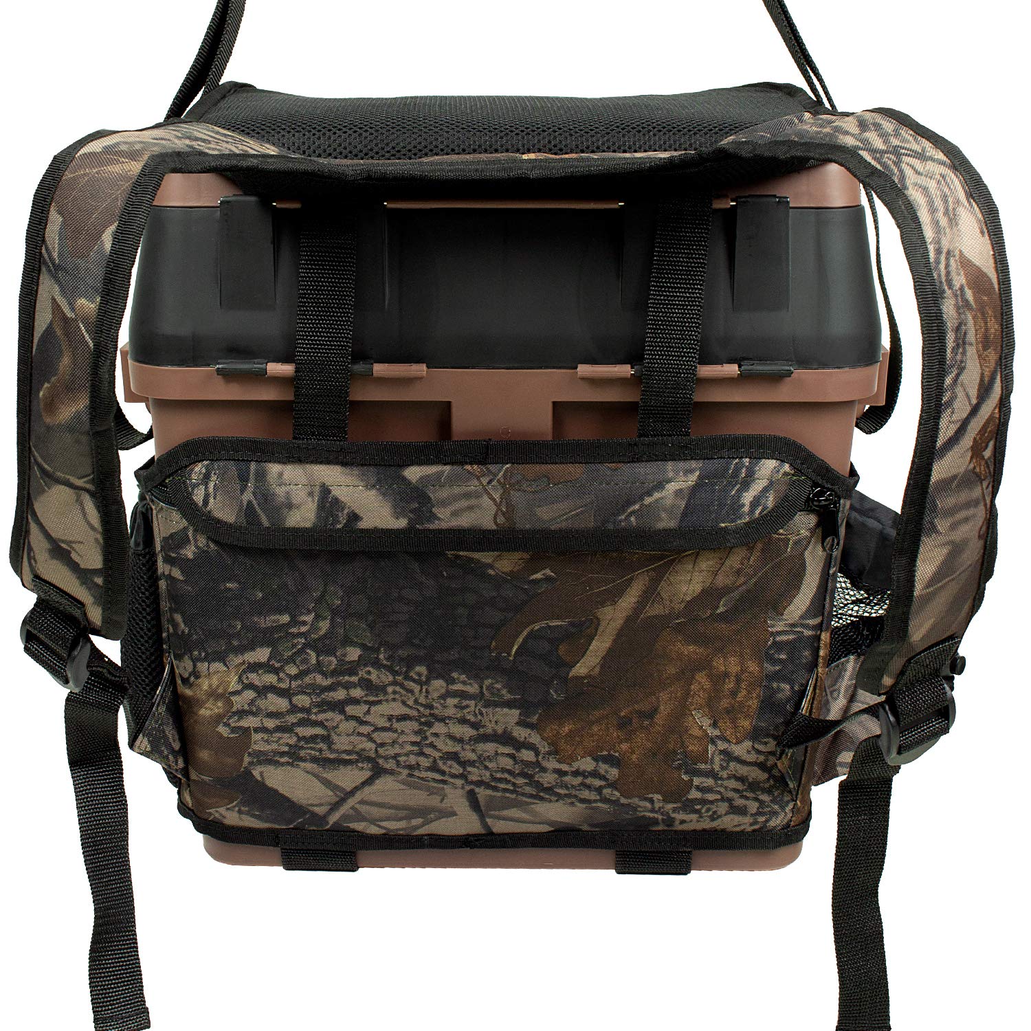 Sitzkiepe | Angelbox | Angelrucksack inkl. 4 Kunststoffboxen für Angelzubehör - Braun/Camouflage