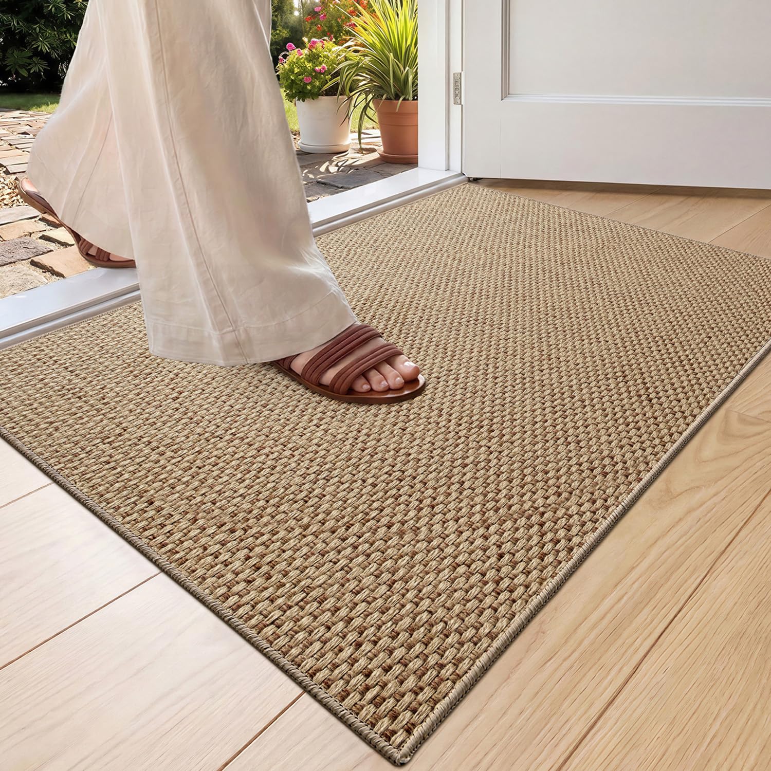 COLOR&GEOMETRY Thin Door Mats Indoor 61x91cm, Non Slip Front Door Mat Inside (Rolled-up NO Creases), Low Profile Inside Doormat, Easy to Clean Doormat, Floor Mat For Entryway, Patio, Dark Beige