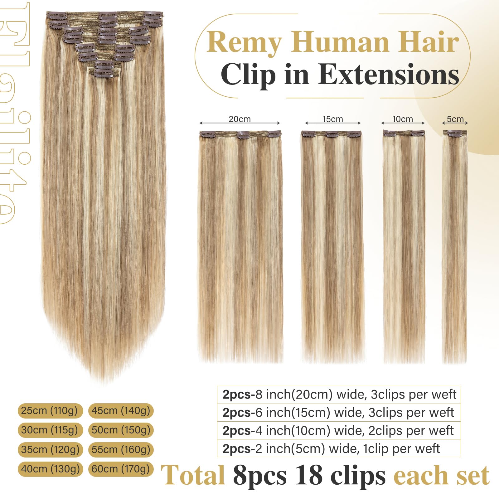Elailite Extensiones de Clip de Pelo Natural Gruesas #12P613 Castaño Dorado Mecha Rubio Muy Claro, 8 Piezas Largas Cabello Humano 50cm (150g)
