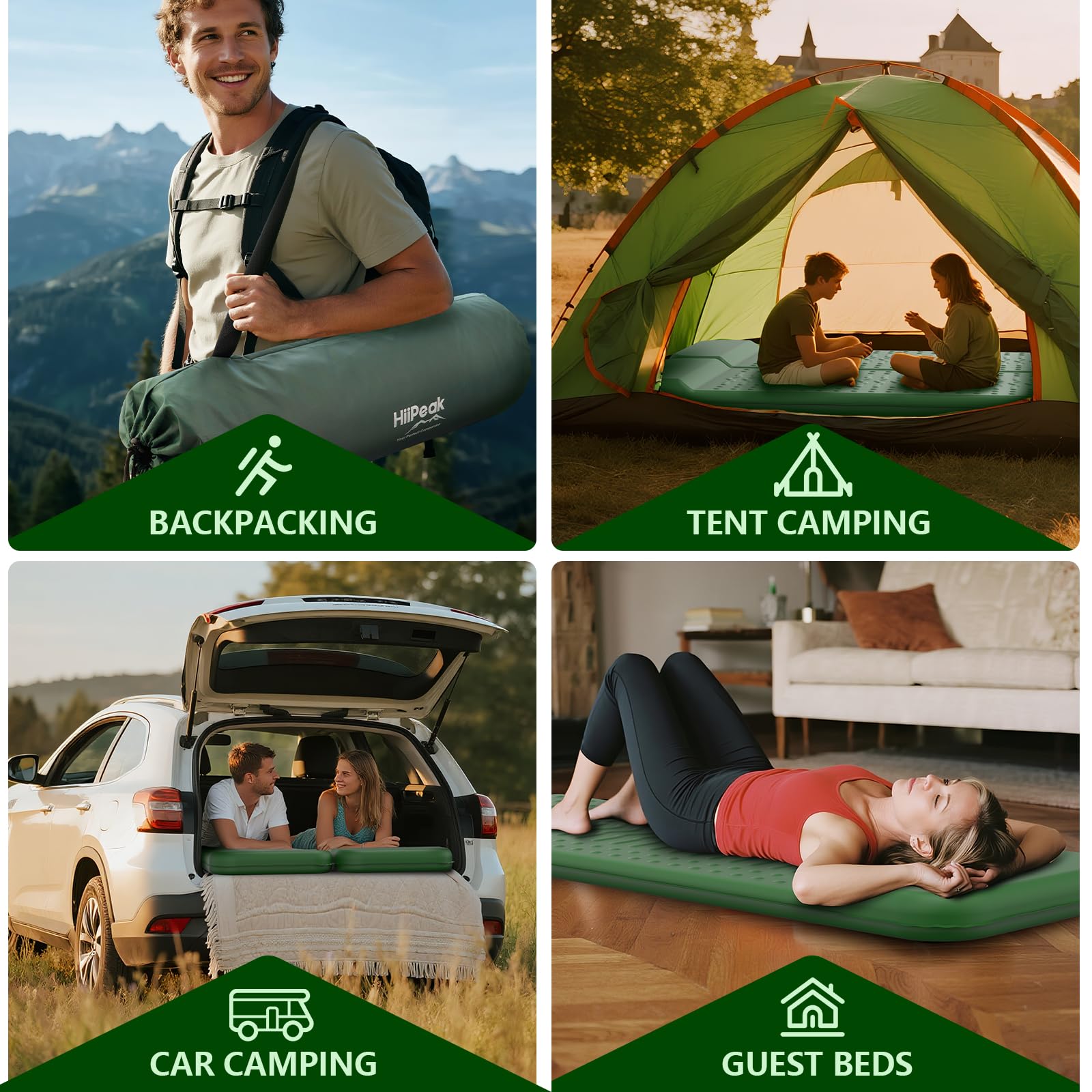 HiiPeak Materassino in memory foam, ultra spesso, con cuscino, 9,5 R-Value isolato, materasso da campeggio, facile da gonfiare e sgonfiare, tappetino gonfiabile per escursioni, tenda auto