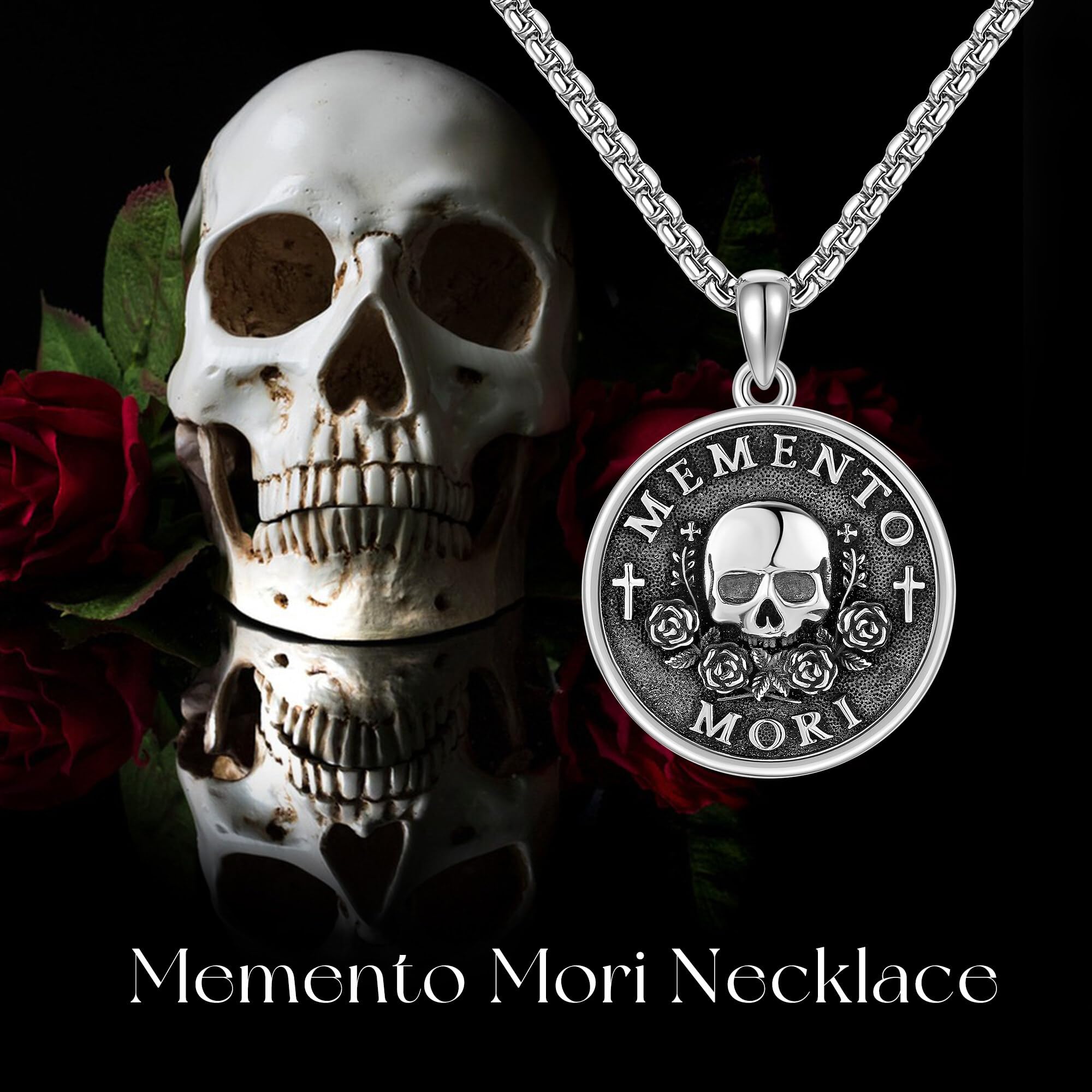 URONE Memento Mori-Halskette aus Sterlingsilber Memento Mori-Totenkopf-Rosen-Anhänger Totenkopf-Schmuck Geschenke für Frauen und Männer