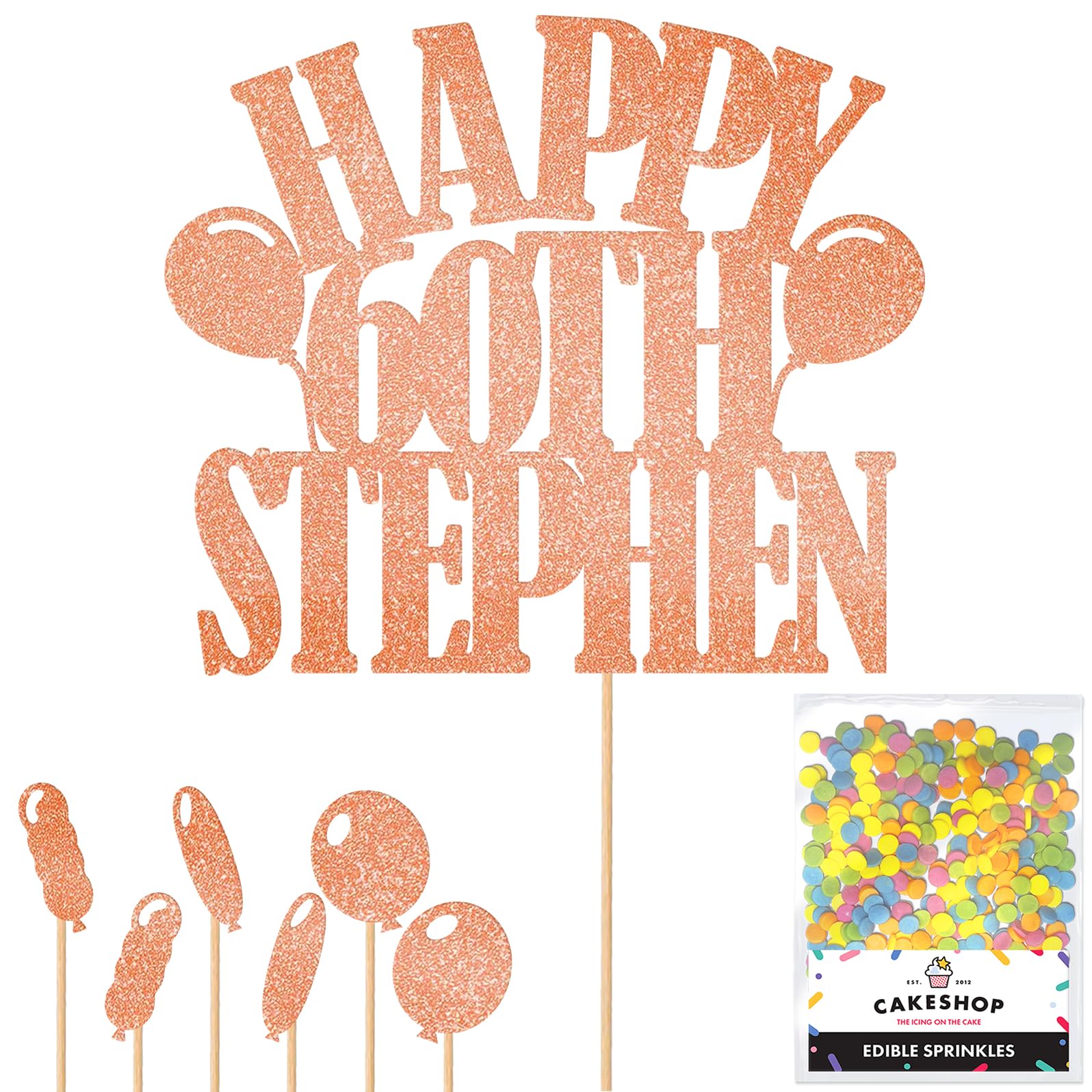 Personalised Happy Birthday Glitter Cake Topper Balloons - Rose Gold Any Name Age Glitter Cake Decoration and Sprinkles - Happy Birthday Decorations - Personalised Toppers for Cakes by Cakeshop