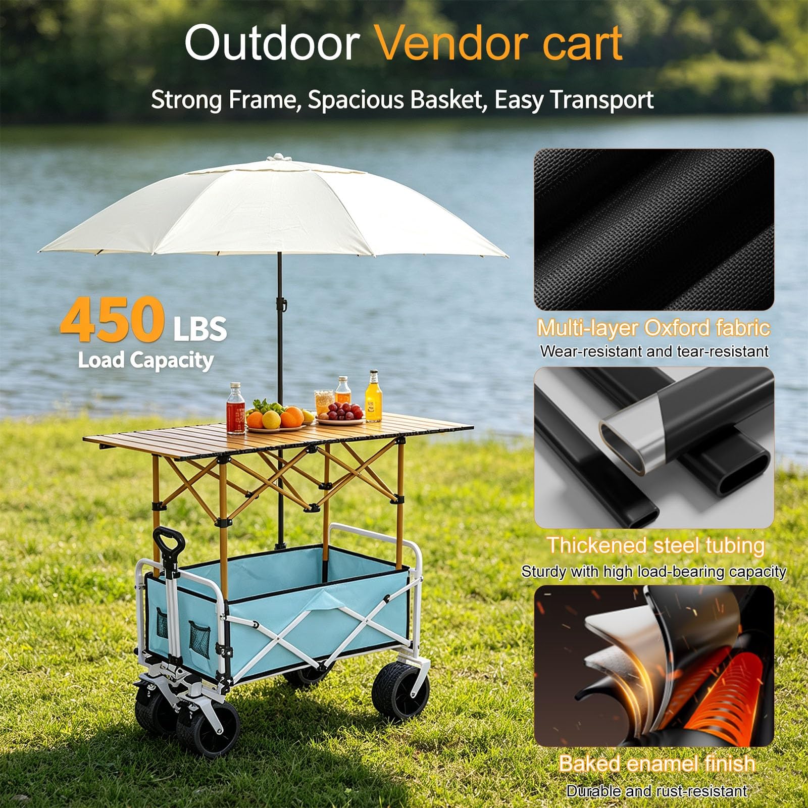 Carro De Venta Plegable Móvil, Puesto De Mercado con Toldo | Carro de Venta Ambulante para Perritos Calientes/Salchichas/Pan(Blue,94cm/37in)