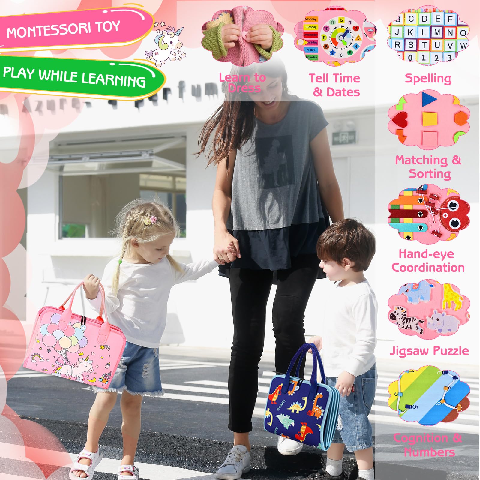 Esjay Busy Board for Toddlers, Montessori Toys for 1 2 3 4 Year Old, Travel Toys Gifts for Girls, Sensory Board Buckles, Educational Learning Activities Fine Motor Skills Toys for Airplane Car 4