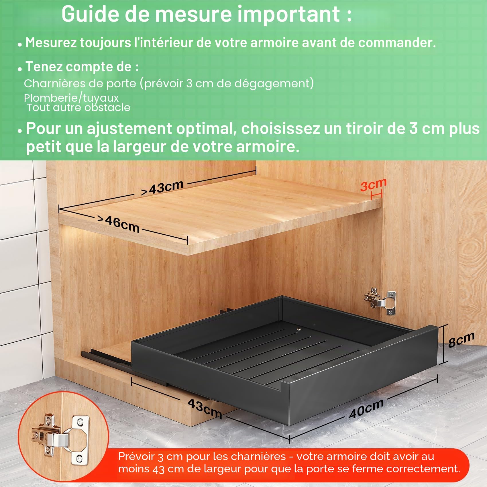 Kitstorack Organiseur de placard coulissant, étagère coulissante pour armoires de cuisine, tiroir coulissant extensible, très résistant, pas besoin de percer, 43 Profondeur x 40 Largeur x 8 Hauteur cm