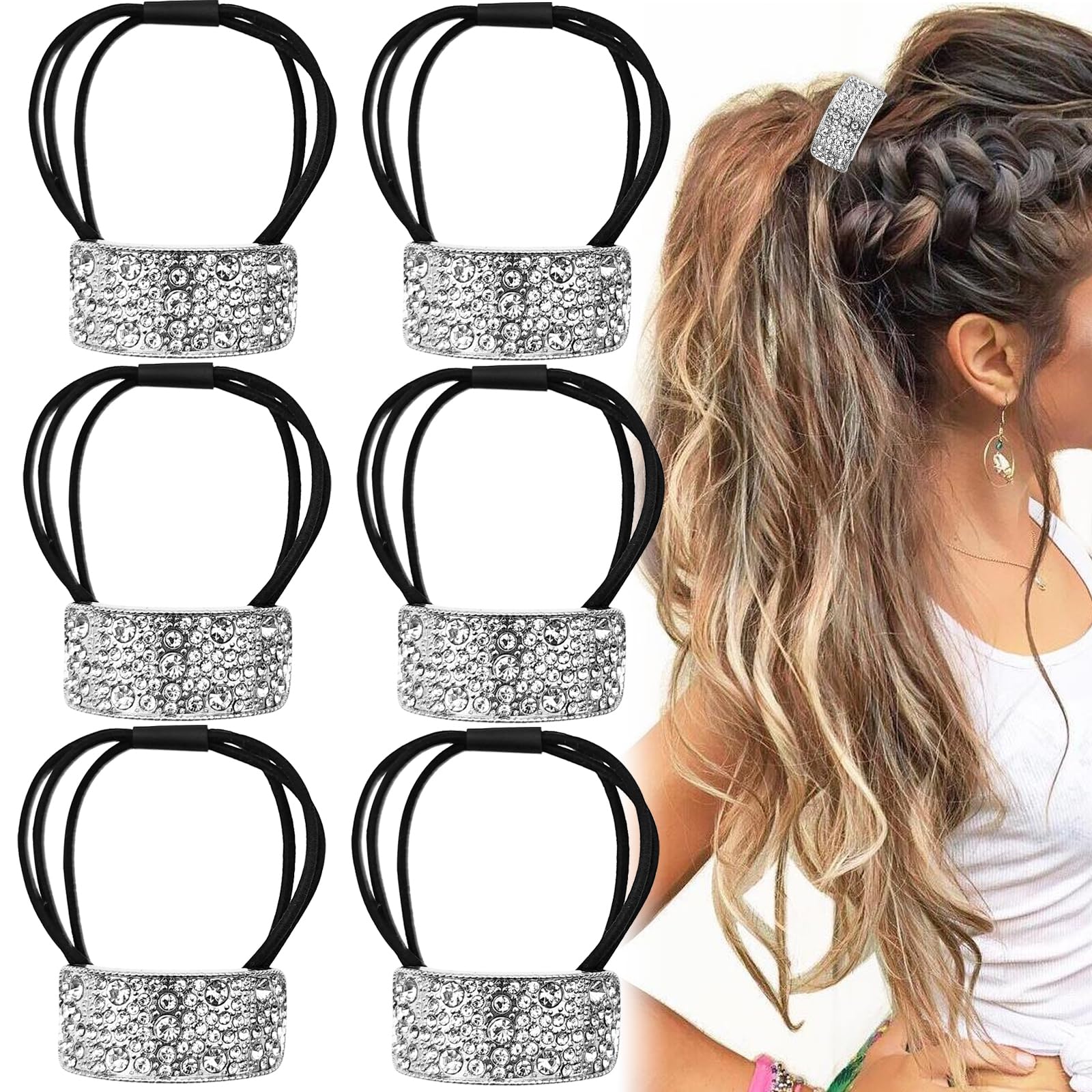 6 PACK Sparkly Rhinestone Hair Ties Crystal Ponytail Holder Headband Bling Hair Bands Hair Clip Barrettes Glitter Elastics Scrunchies Fancy Hair Ties Hair Accessories for Women Girls (Silver)