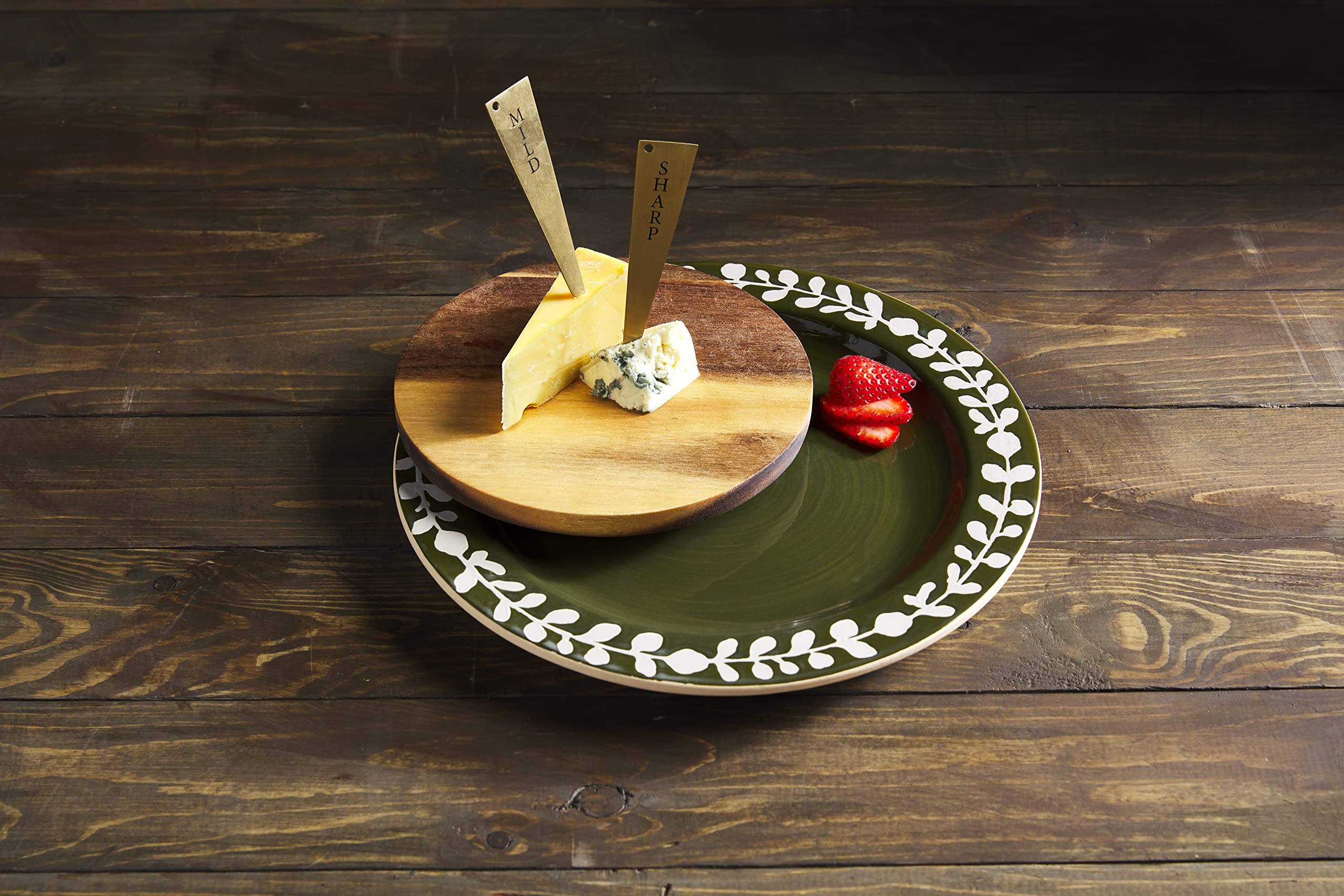 Mud Pie 4 Piece Cheese Serving Set with Stoneware Plate, Wood Board and Cheese Markers,Green