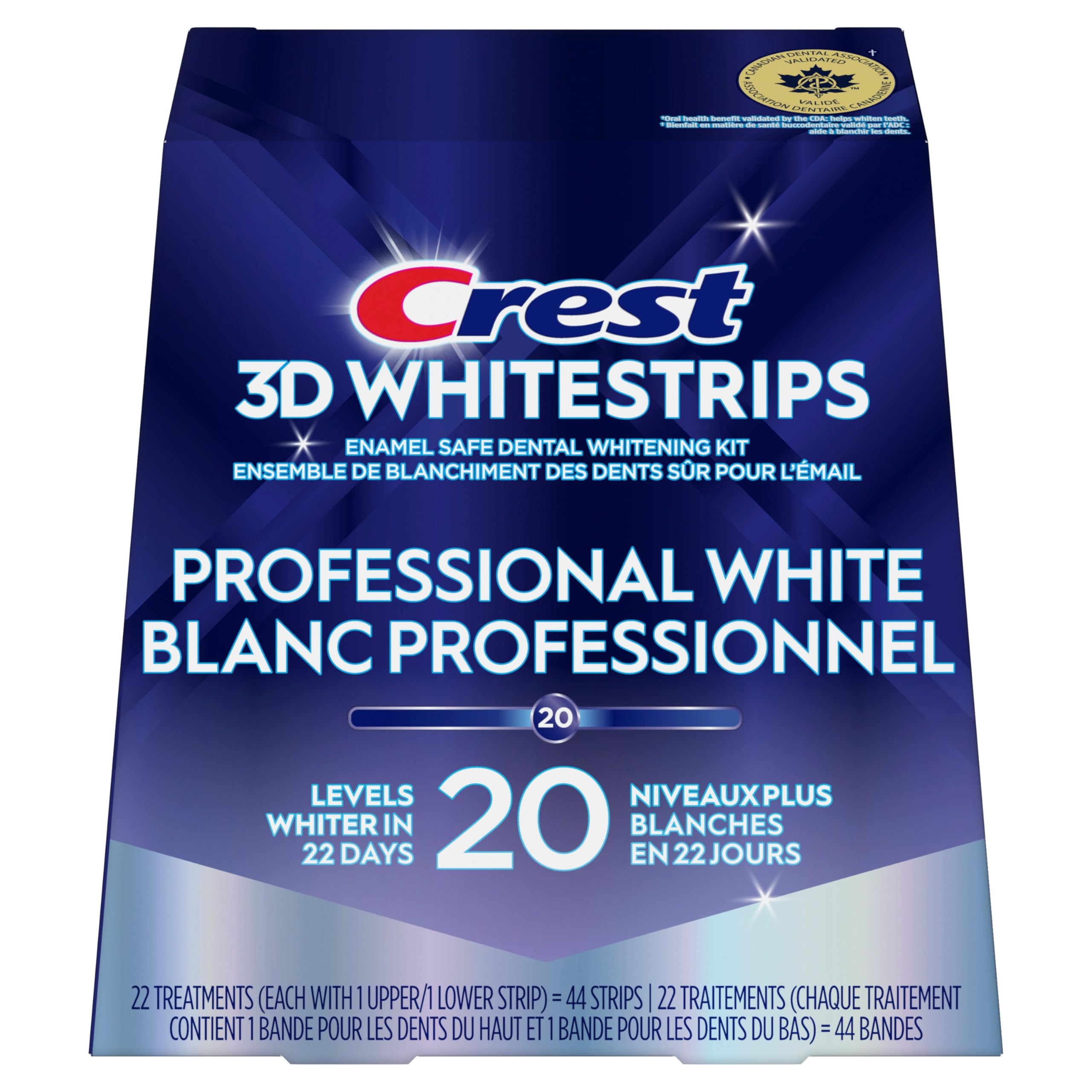 Close-up of the Crest 3D Whitestrips Professional White packaging, highlighting the 22 treatments and the '20 Levels Whiter' claim.