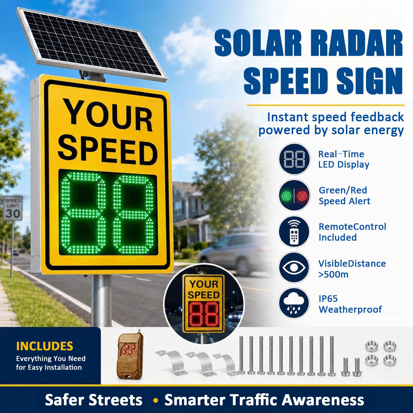 Señales Digitales de Detector Velocidad Rader, Señal Visualización Radar LED con Energía Solar, Resistente Al Agua IP65, Límite Máximo Ajustable for Seguridad Vial (White,23,6“x35,4“)