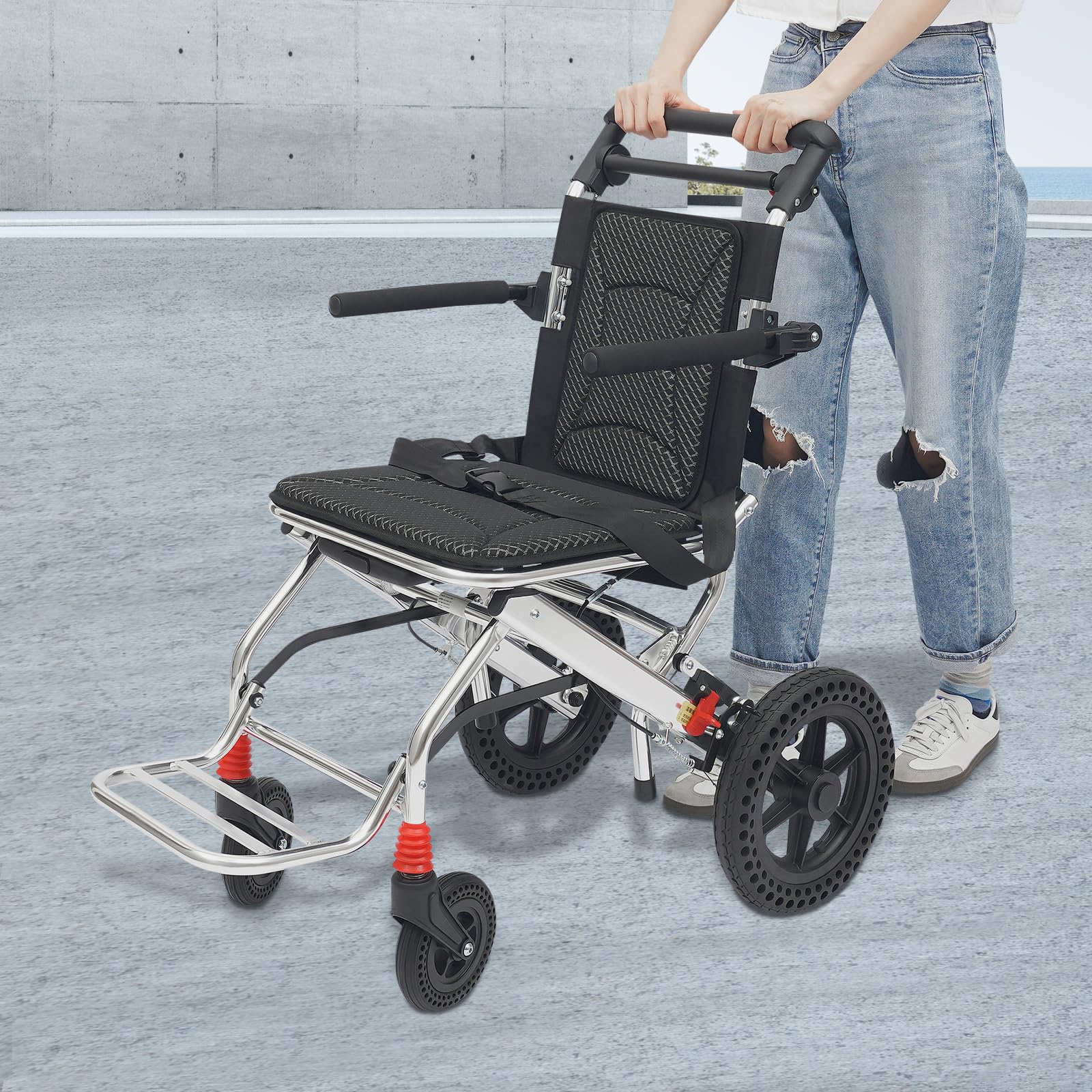 Asiento plegable para silla de ruedas de 45 cm, freno en las asas, cinturón de seguridad, reposapiés, aluminio ligero, silla de ruedas de viaje, silla de ruedas de transporte para personas mayores