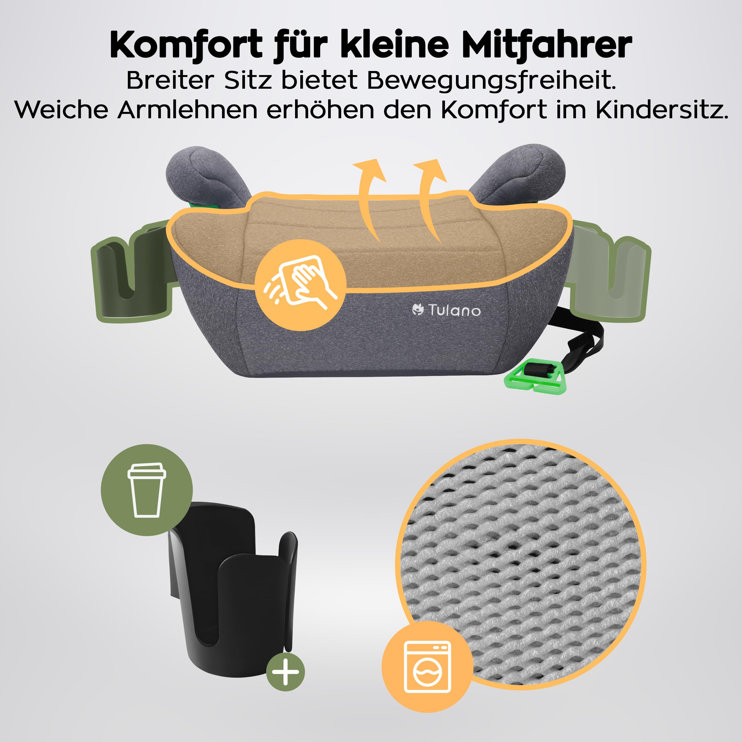 Tulano Cabby 25 Kindersitz Auto - i-Size ECE R129/03 - Autositz für Kinder | 125-150 cm - Sitzerhöhung mit Gurtführung - Sicherheitsführung - Bequeme Armlehnen - mit Getränkehalter – Schwarz