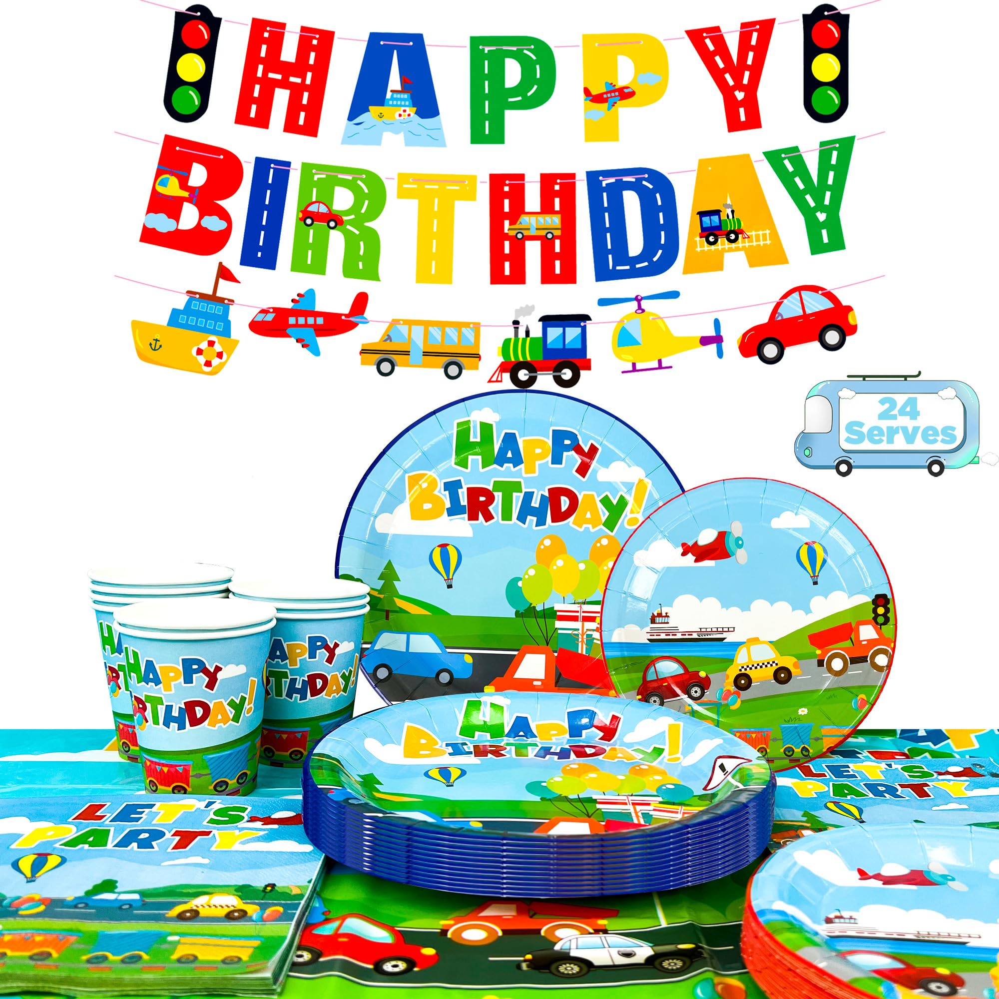 Serves 24 Transportation Birthday Party Supplies Tableware Set Including Car Train Plane Birthday Banner Tablecloth Plates Cups Napkins etc Transportation Theme Party Supplies