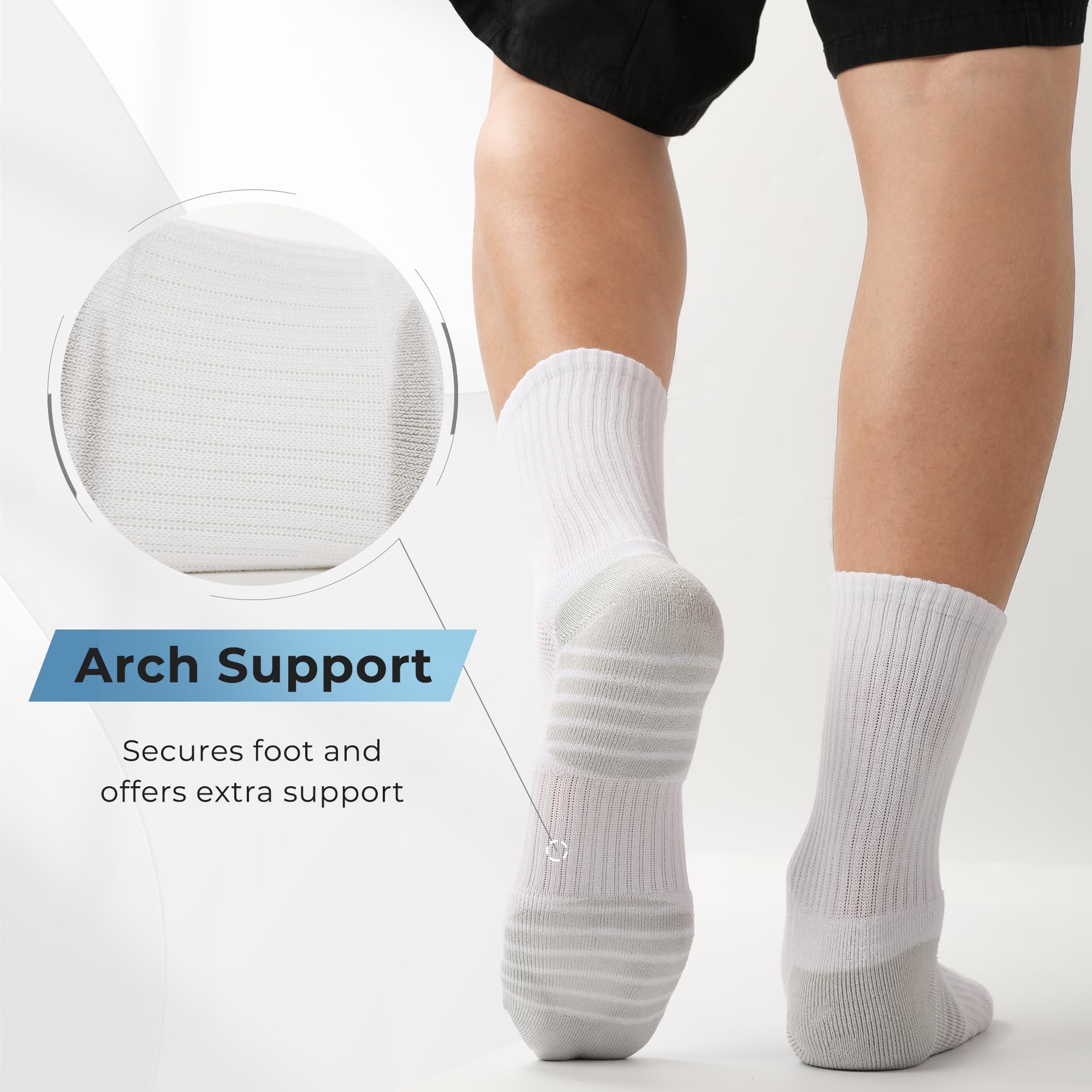 BAMBOO COOL Men's Crew Socks Athletic Running Sports Socks, Cushioned Moisture Wicking, Breathable Arch Support 6 Pack: White*6 Large